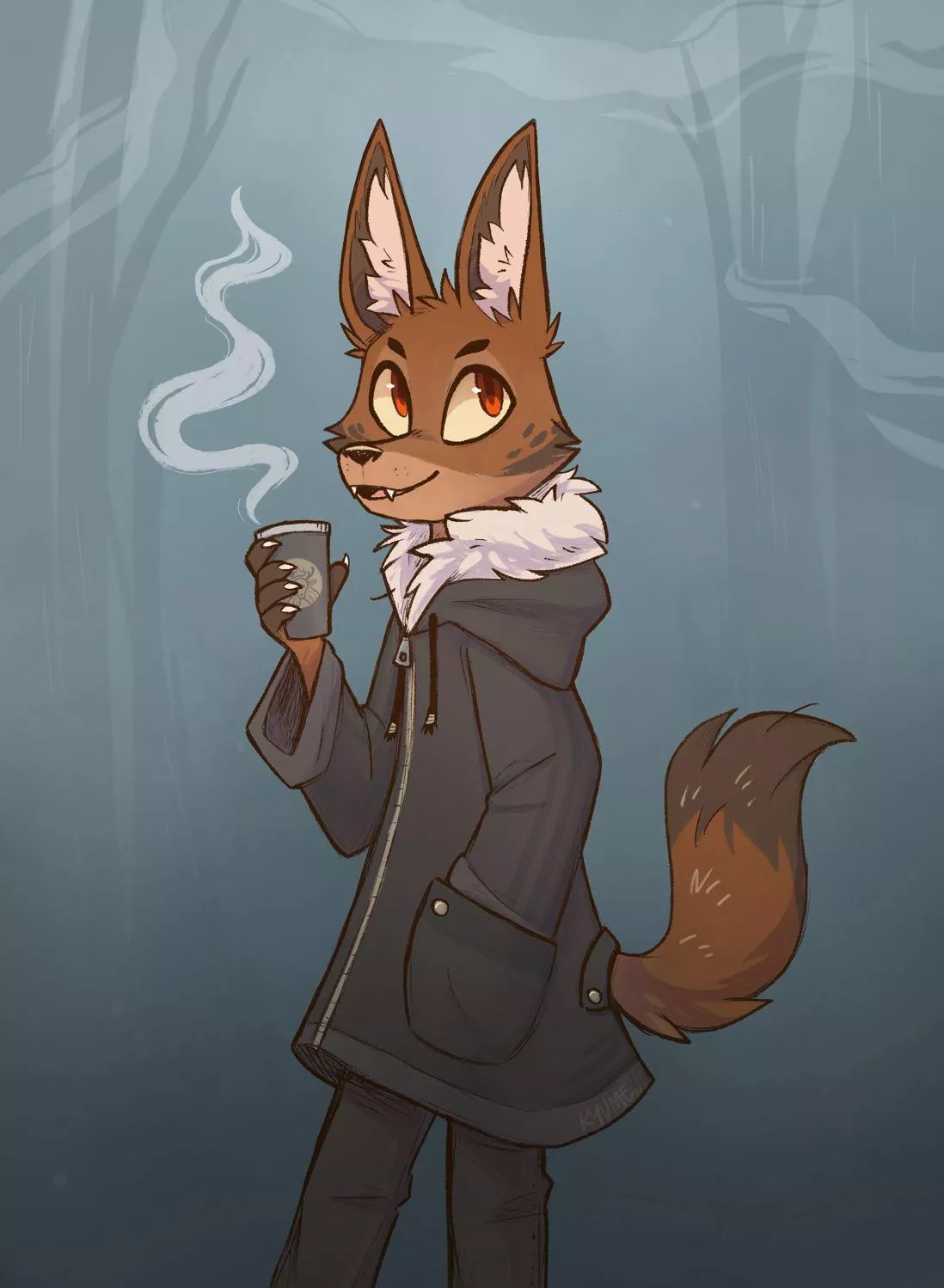 A jackal with his morning coffee [art by me @kazunekomori on twitter] posted by kazunekomori