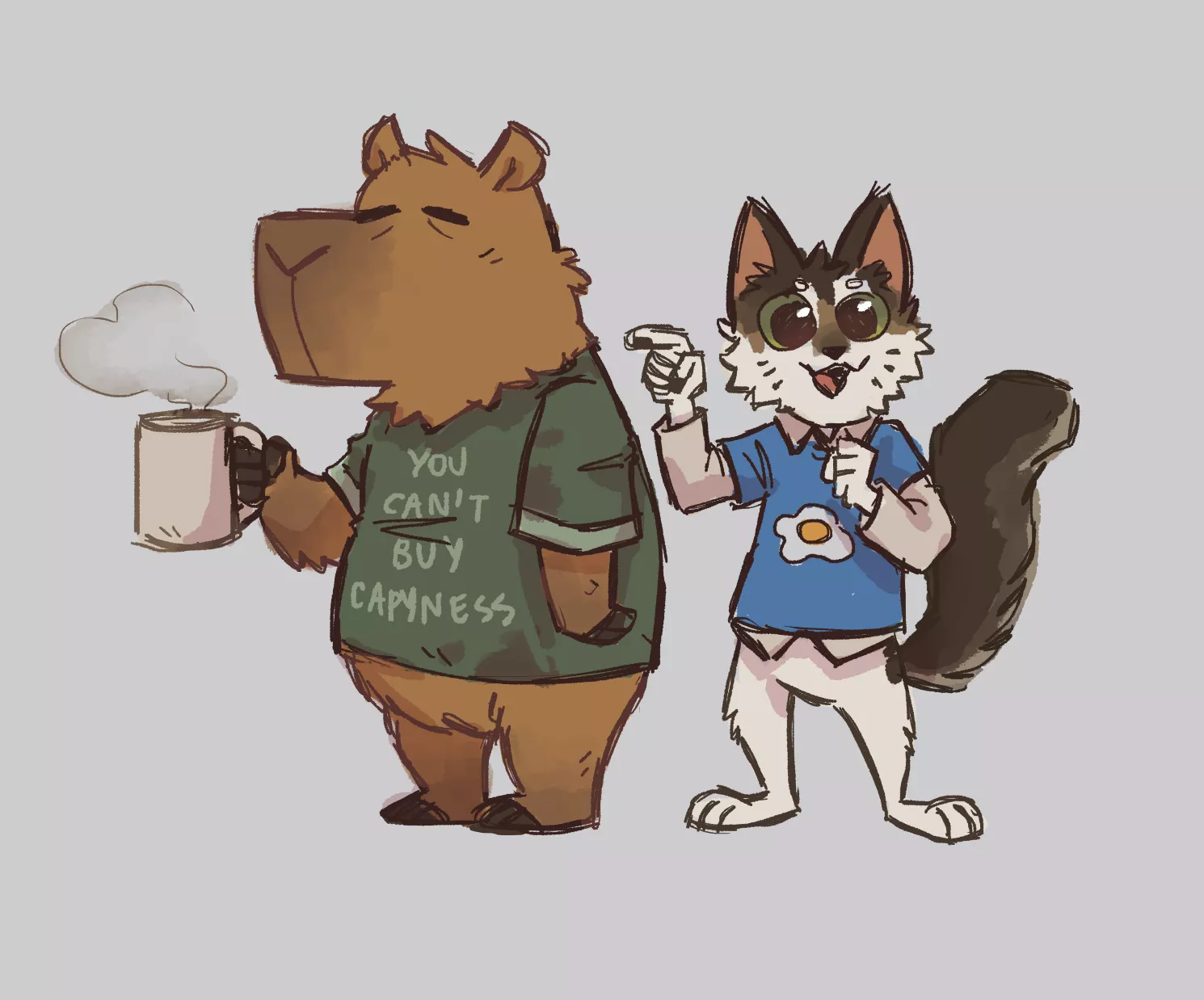 Capybara, cat, coffee and eggs (art by me @_capycorn) posted by _capycorn