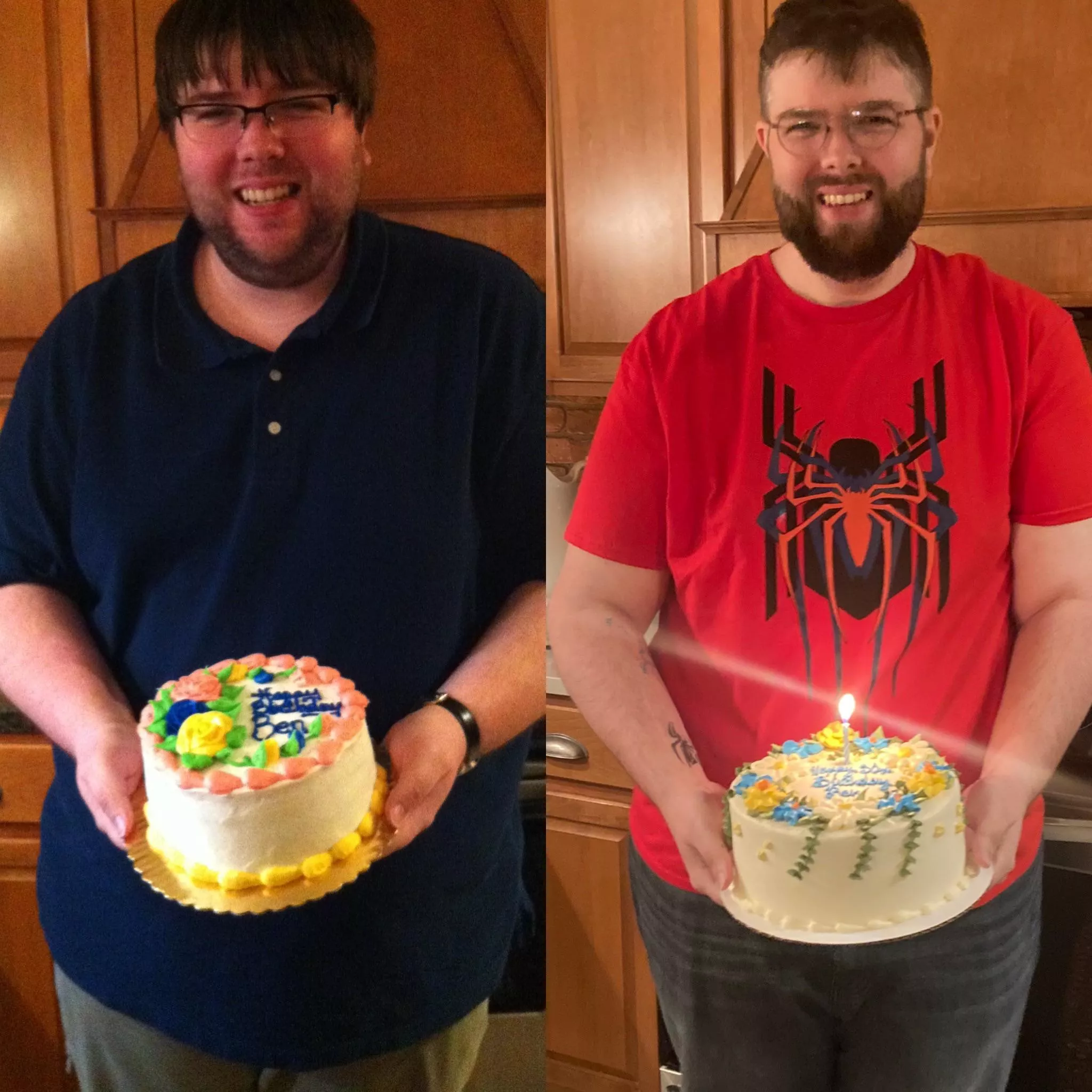 Celebrated my 30th birthday yesterday, but I want to share this comparison photo. 25th birthday on the left, 30th on the right, 100 lbs difference. posted by collectorguy92