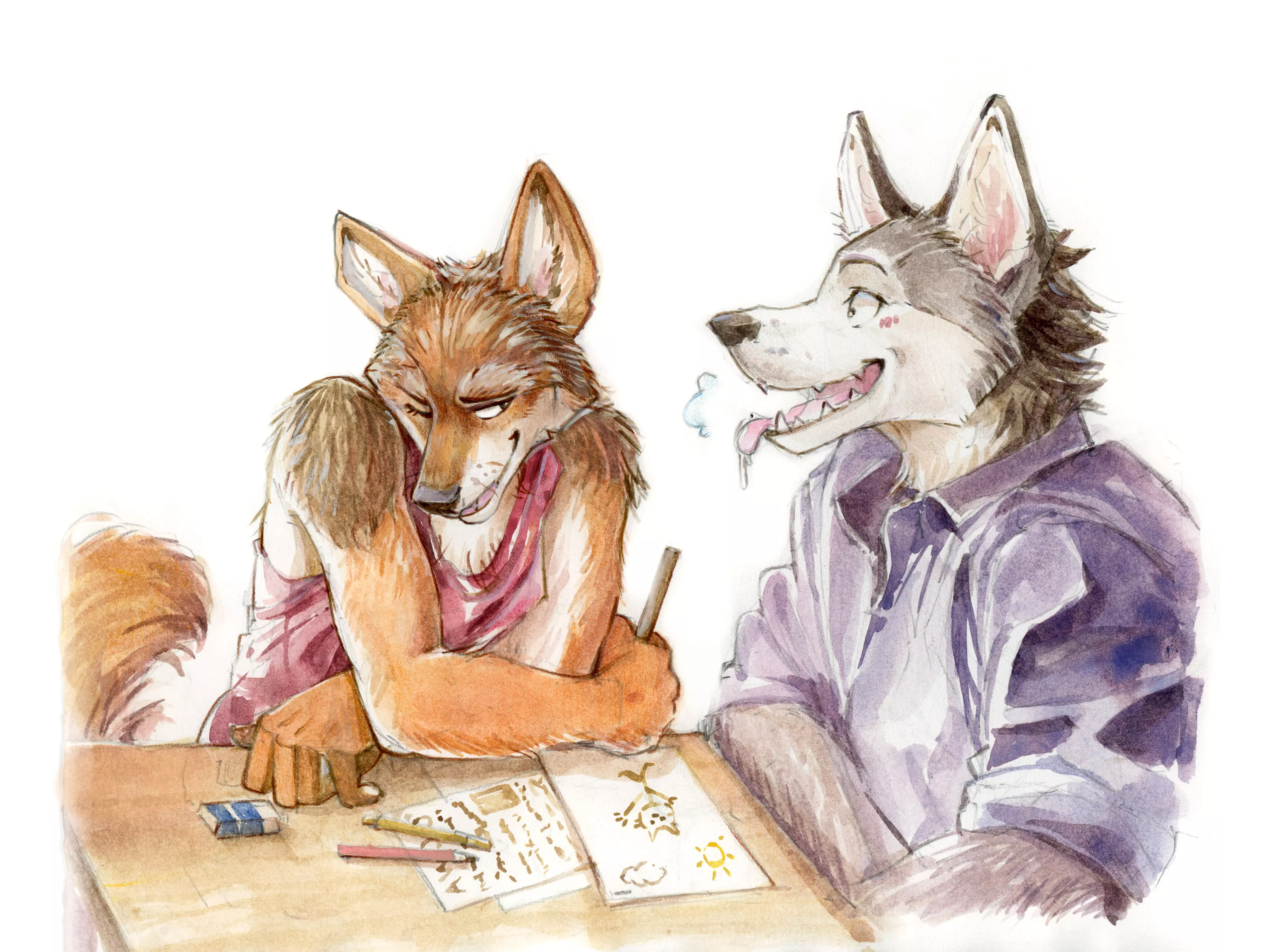 Coyote and Husky are classroom buddies; invent a story about them ! (watercolor art by me, @akatan_art on Twitter) posted by akatan_art