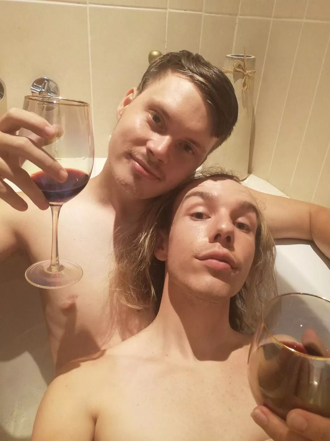 cute boyfriends in a bath with wine, as gay as it gets posted by Local-Dish7067