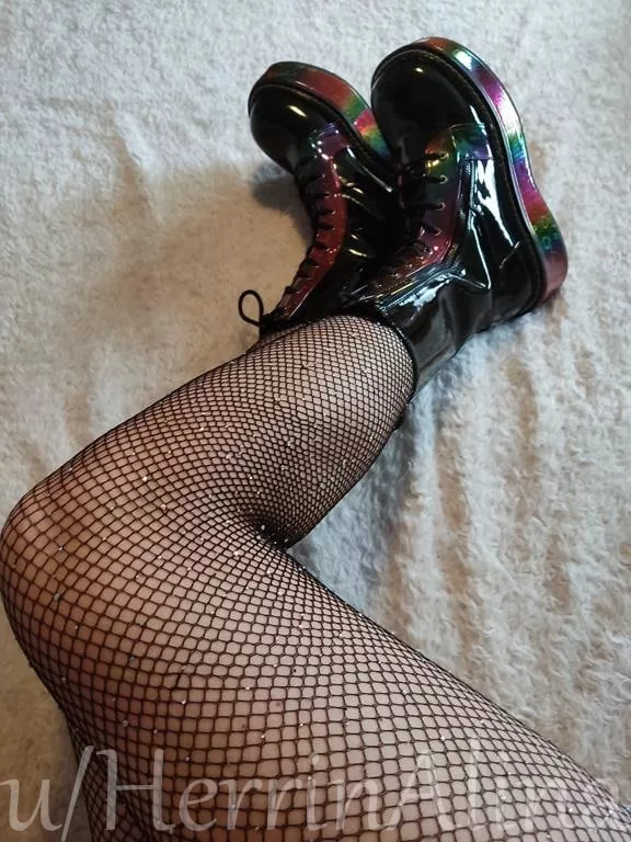 demonia rainbow boots and fishnets! posted by HerrinAlina