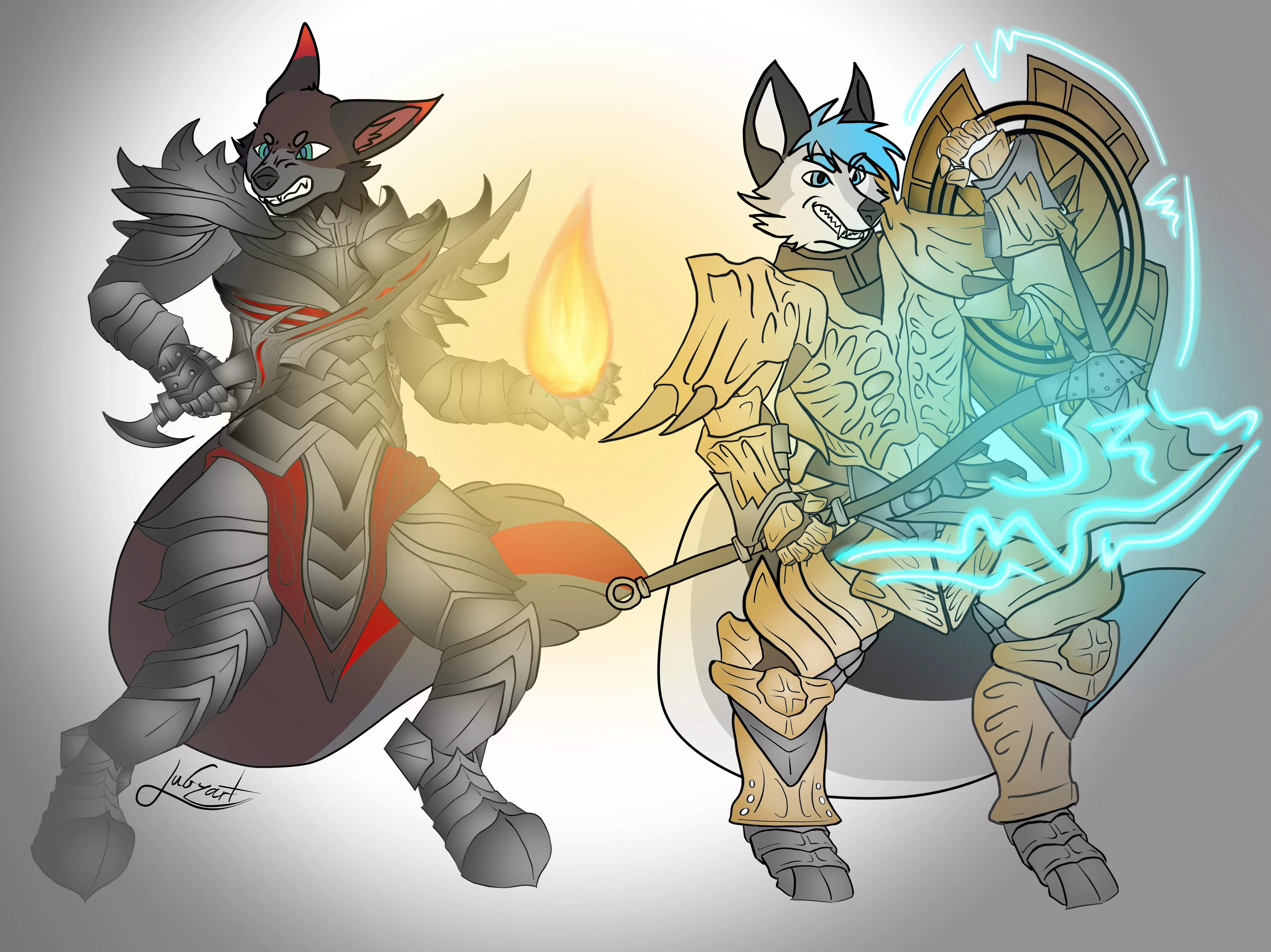 Finished commission for Drache33 of his and I’s sonas in daedric and dragon bone armor! posted by Jubzart