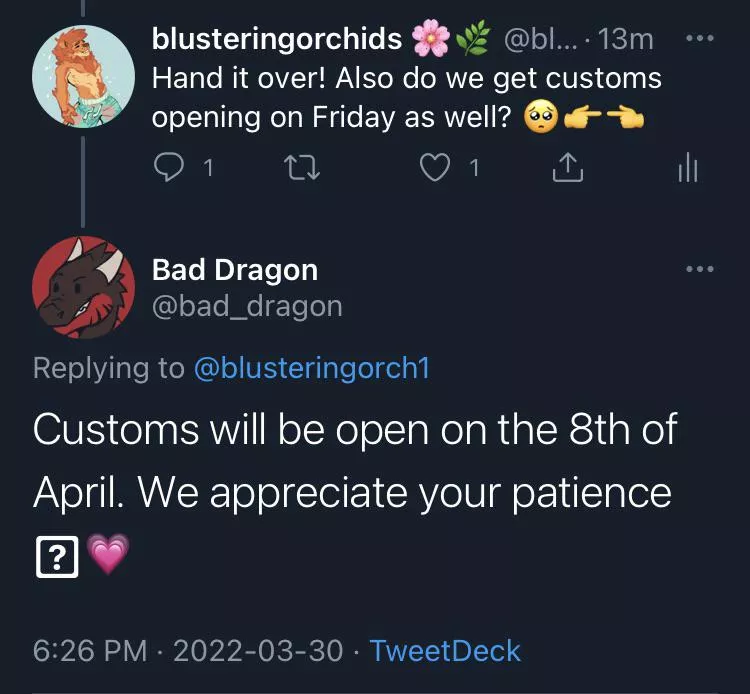 For anyone wondering when customs will be open, it’s April 8th :-) posted by blusteringorchids