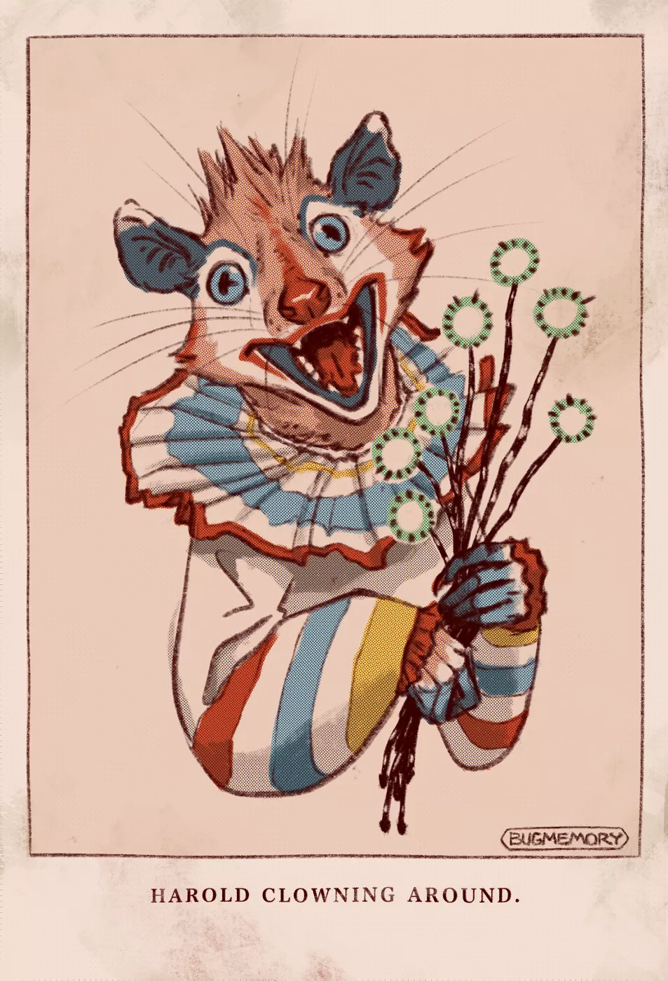 Harold Clowning Around (a new vintage-style illustration of my opossum character!) posted by BugMemory