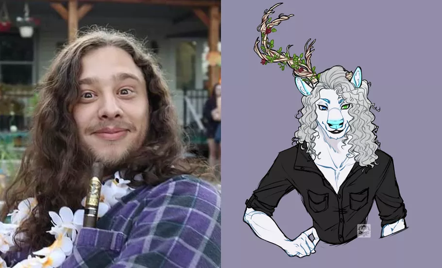 Hopping on the bandwagon, my fursona vs me. Art by @Mochimalha posted by BaronVonCuddly