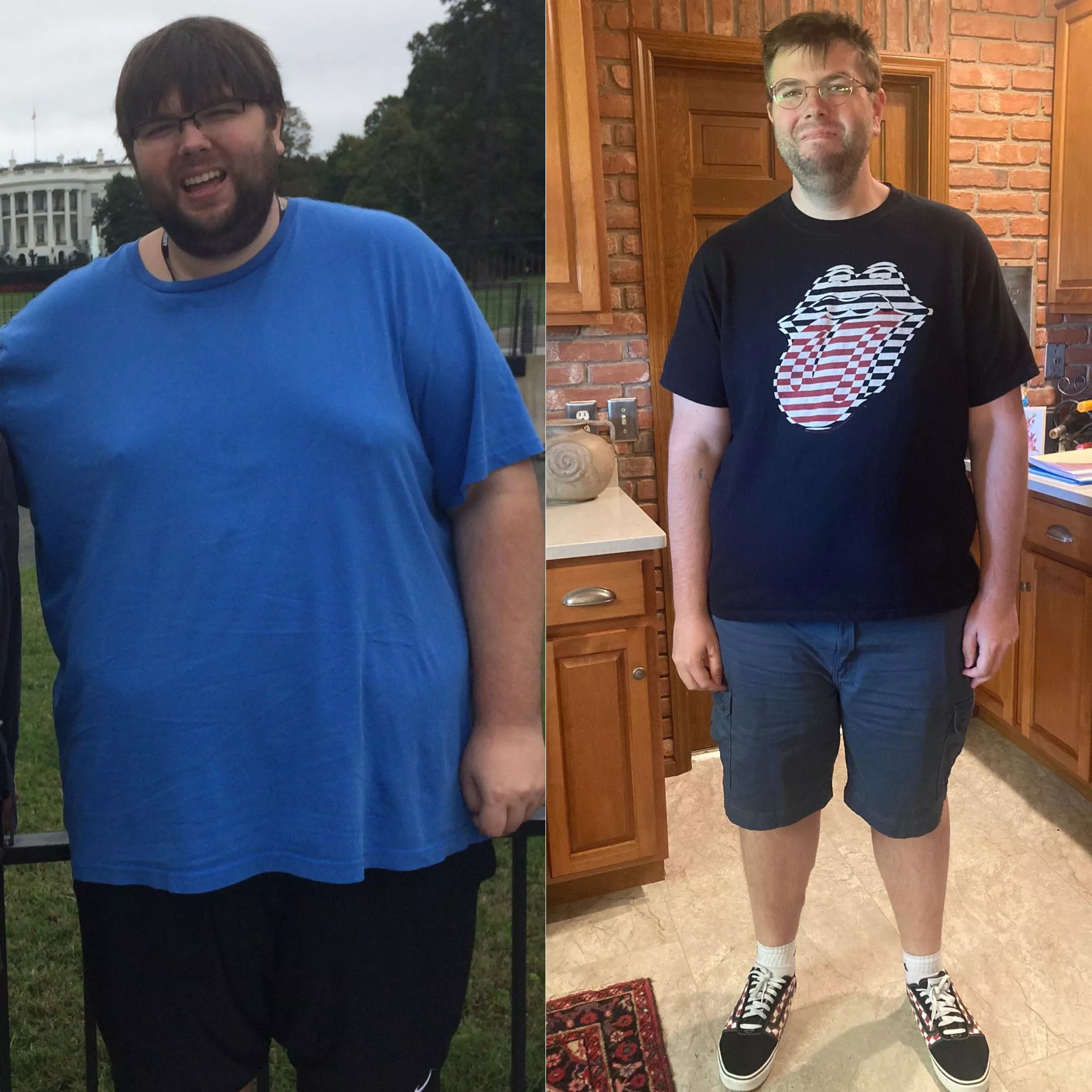 Left - 10/14/2017, 400lbs (4XLT shirt) / Right - 05/09/2022, 285 lbs (XL shirt) posted by collectorguy92