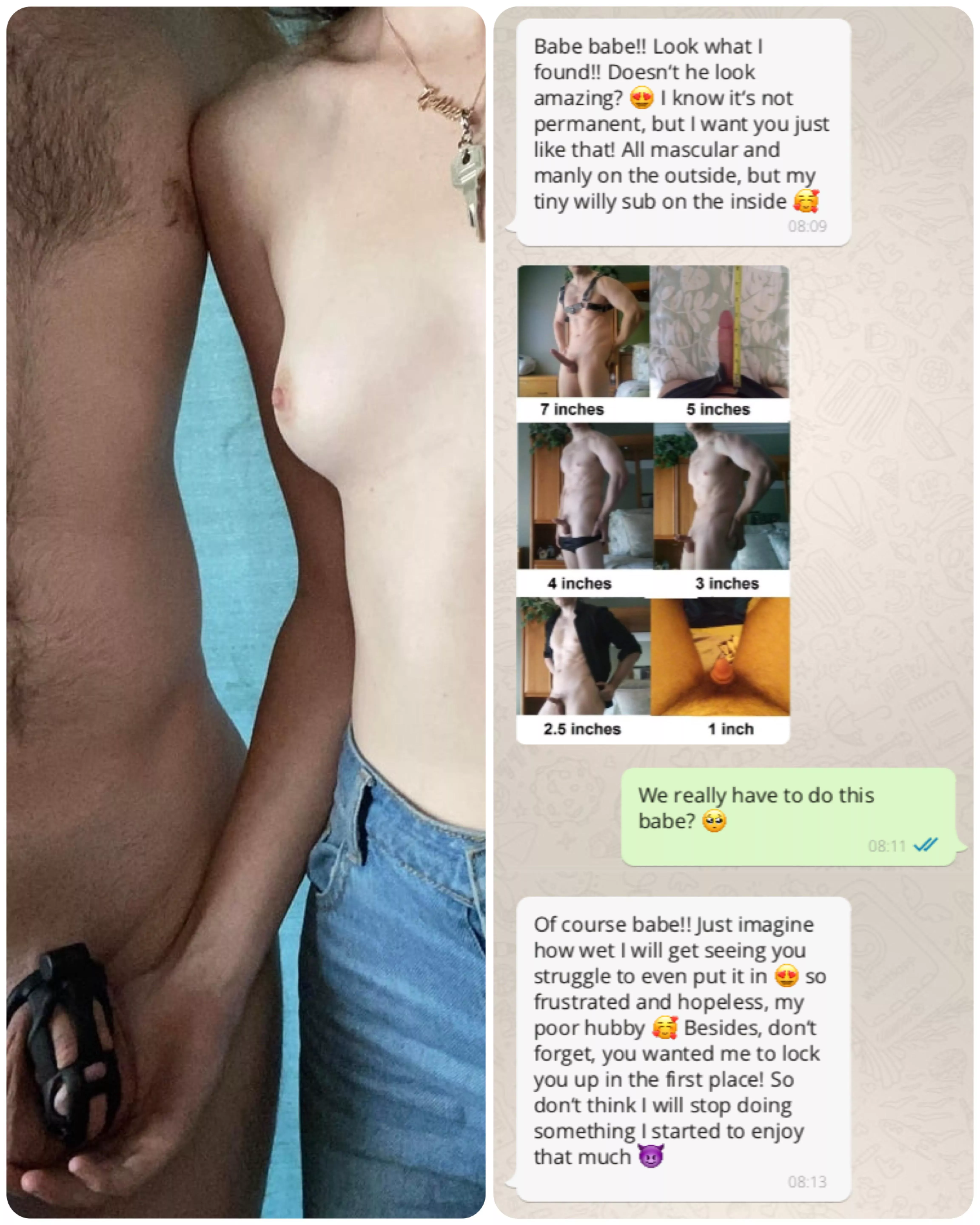 My girlfriend has huge chastity shrinking fetish, and now she wants my cock as small as possible? What should I do? I want to please her, but I still want to have sex with her posted by cagedboybobby