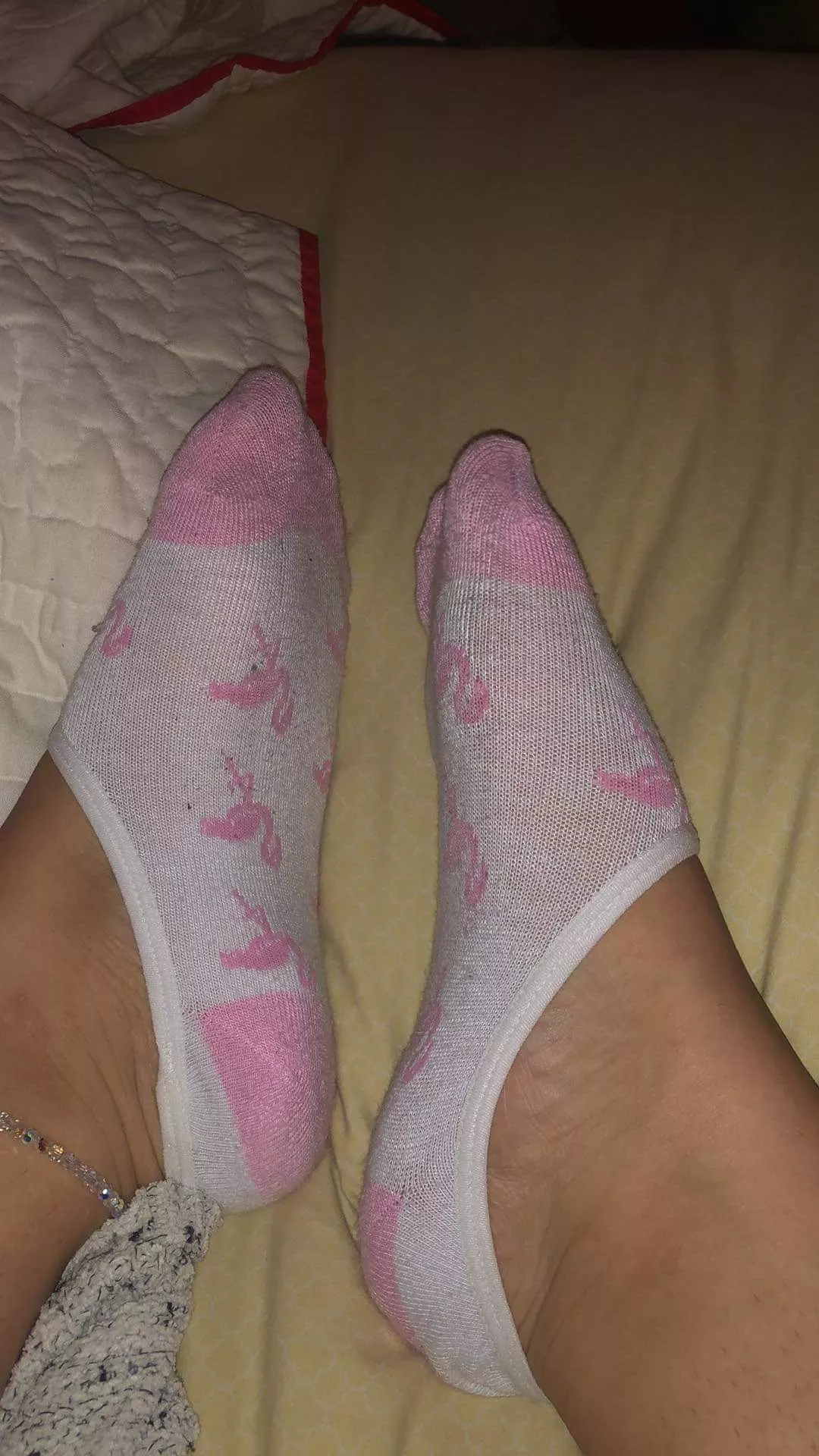 my stinky pink and white socks with my sweaty feet in them! posted by Socksandstinkyfeet