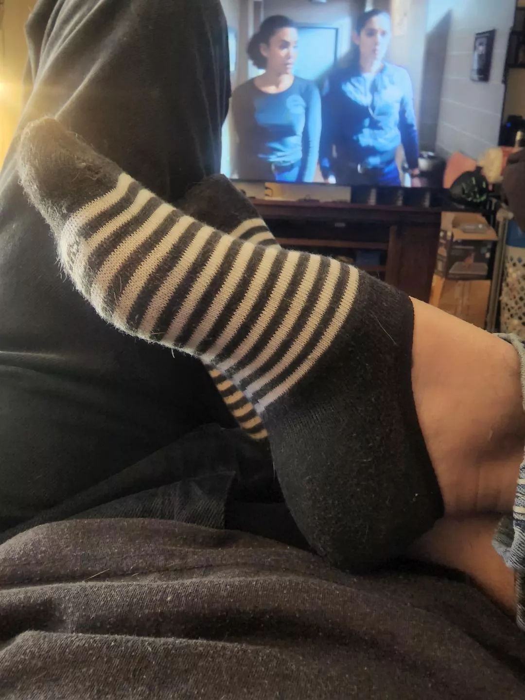 nice striped socks on my lap posted by Agitated_Leader6904