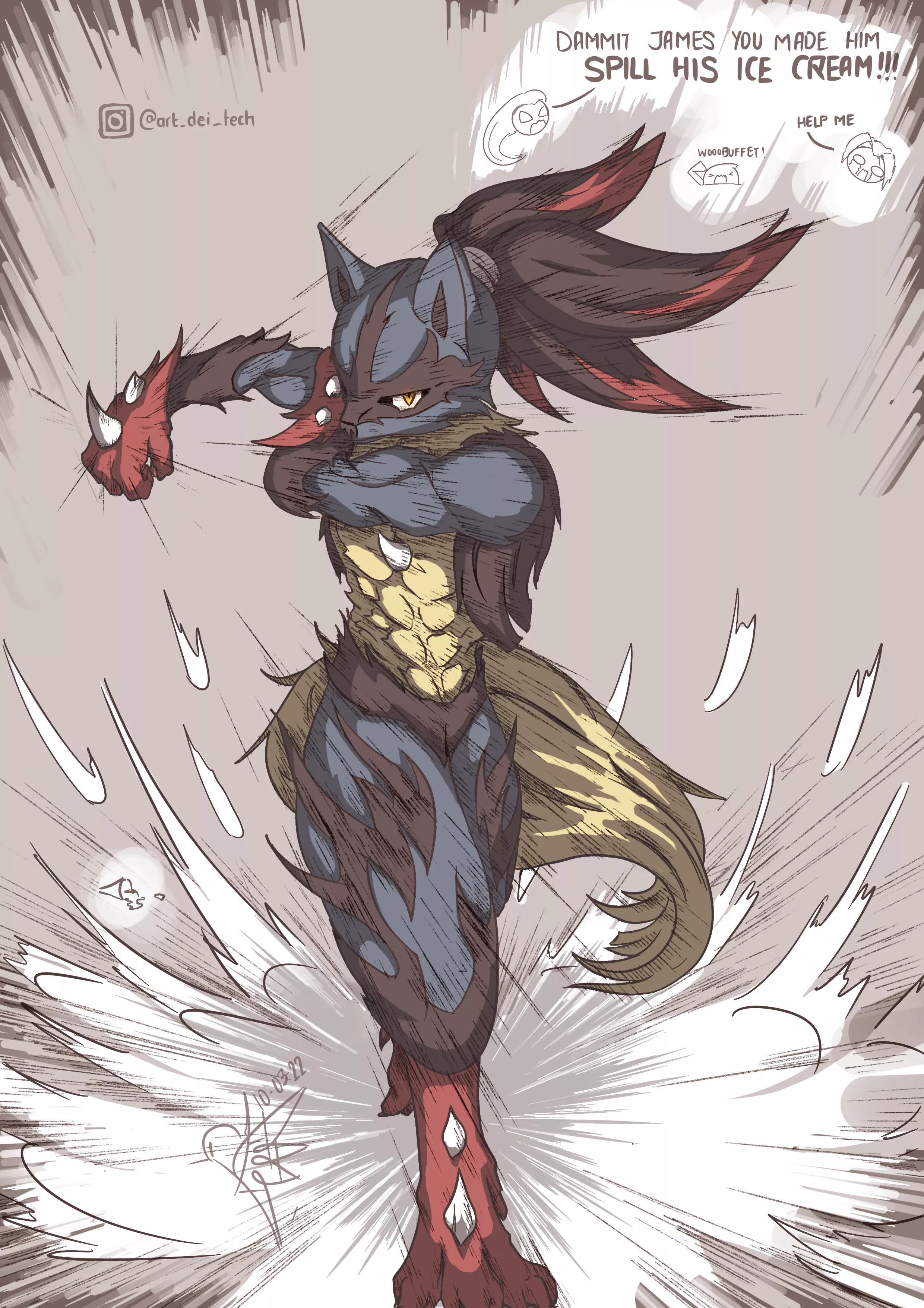 [OC] Mega Lucario in the style of One-Punch Man, Me, Digital, 2022 posted by Art_Dei_Tech