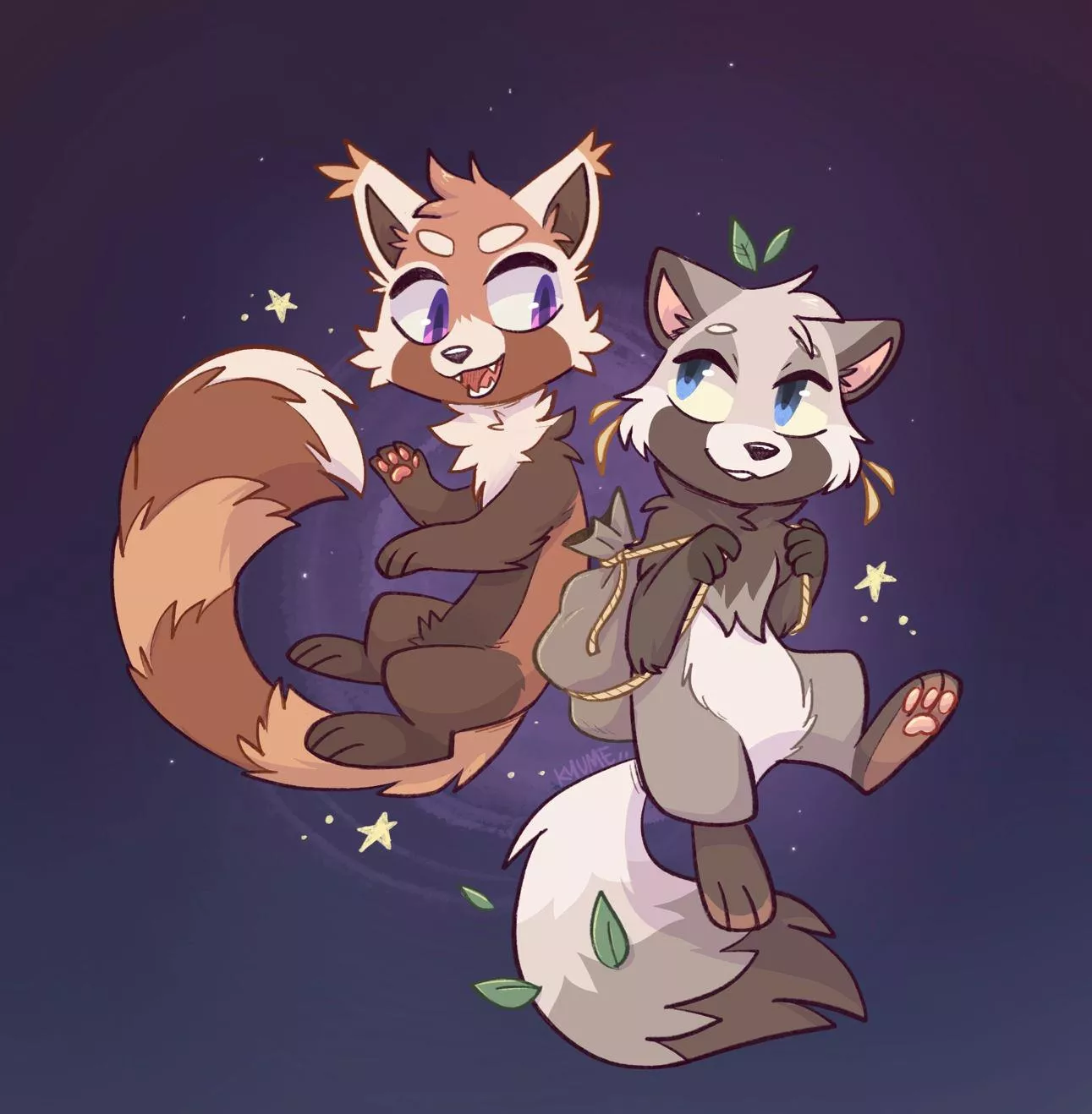 Pepper the red panda and Marron the tanuki! Chibis are fun to draw :> [art by me @kazunekomori on twitter] posted by kazunekomori