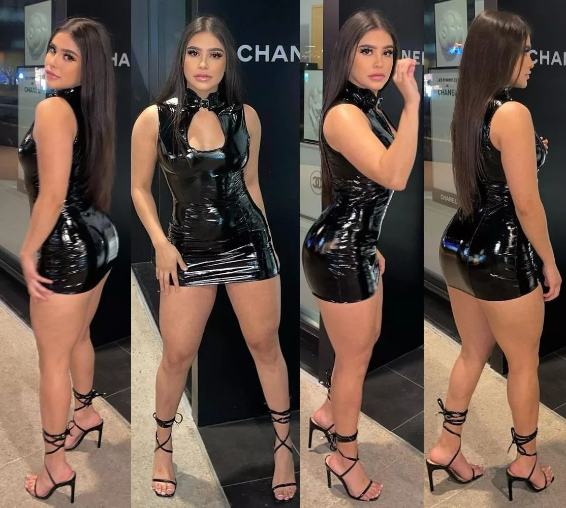 Shiny black dress, strappy black open toe heels posted by shoveupurownassgames