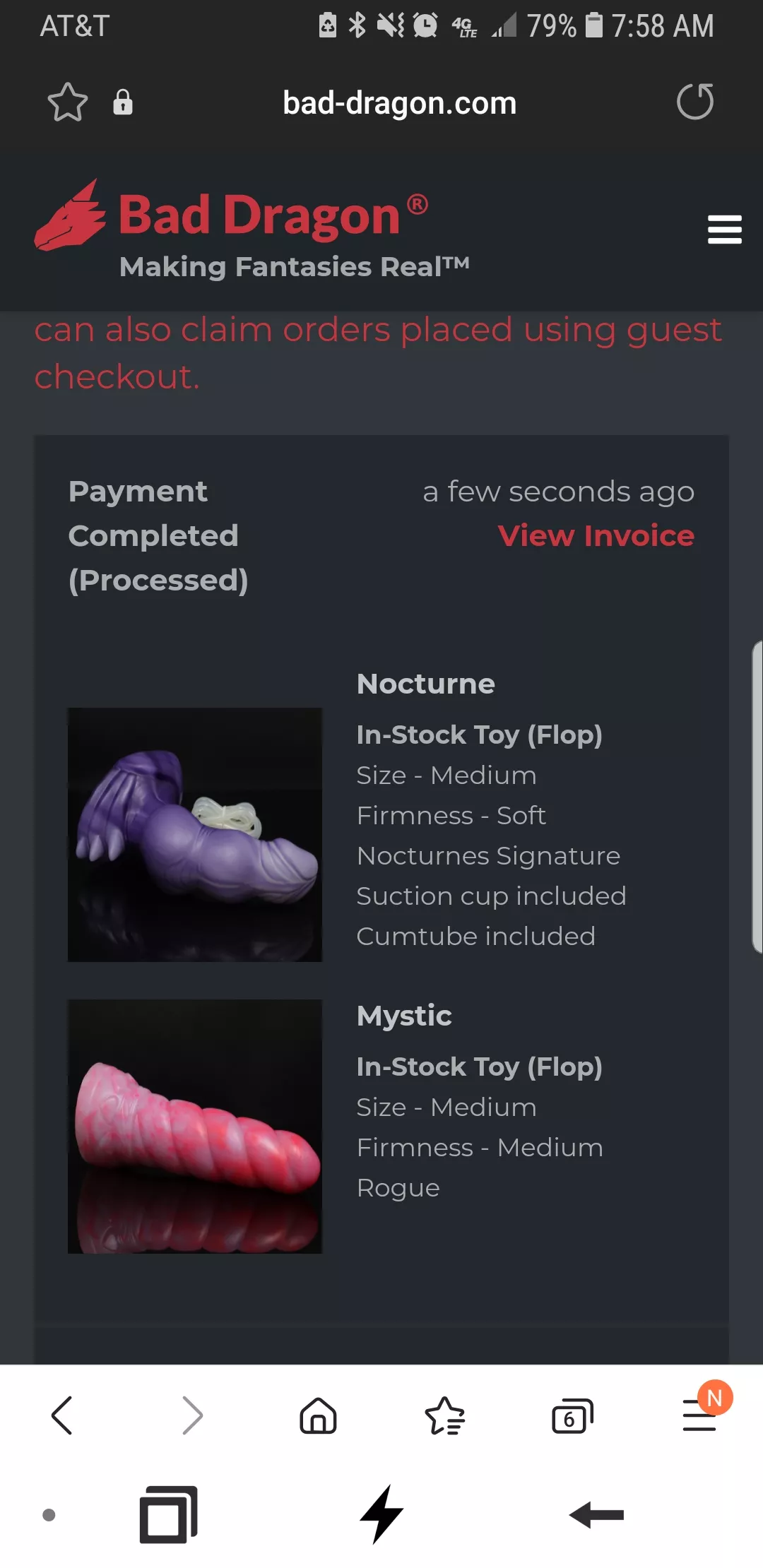 Some good luck today! Decided to start searching for Nocturne and wound up finding a flop in my desired specs! Not sure how exactly I'll feel about the cumtube but I'm willing to give it a shot! posted by skrooker