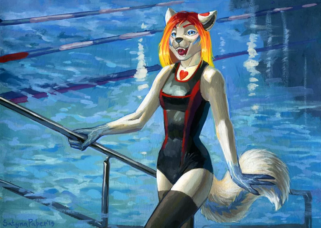 Swimming pool! Gouache painting. (art by me) posted by SatynaPaper