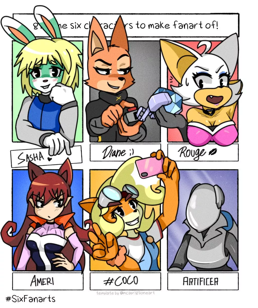 Various characters I drew for the SixFanarts challenge (art by me @angrycaboose) posted by AngryCaboose