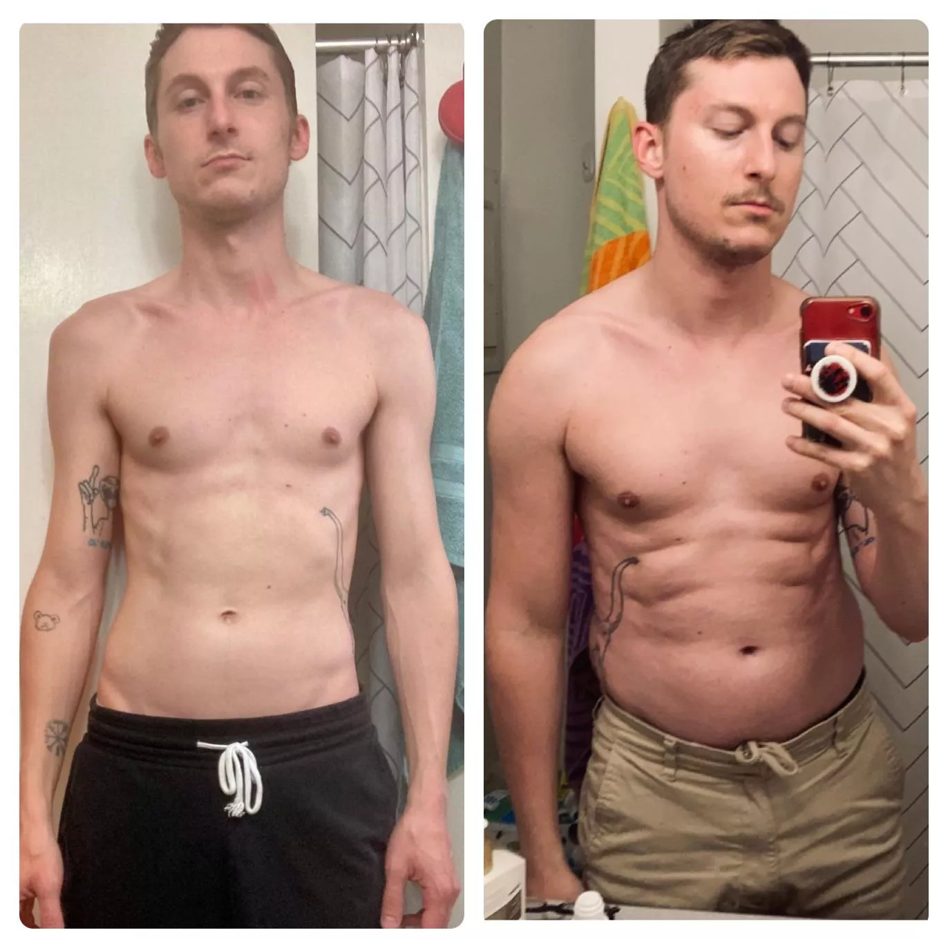 Was tired of being the scrawny friend, so I decided to do something about it. 40 lbs in a year–I know kinda dirty bulky–but liking how I look so far. posted by boomboomzoomz