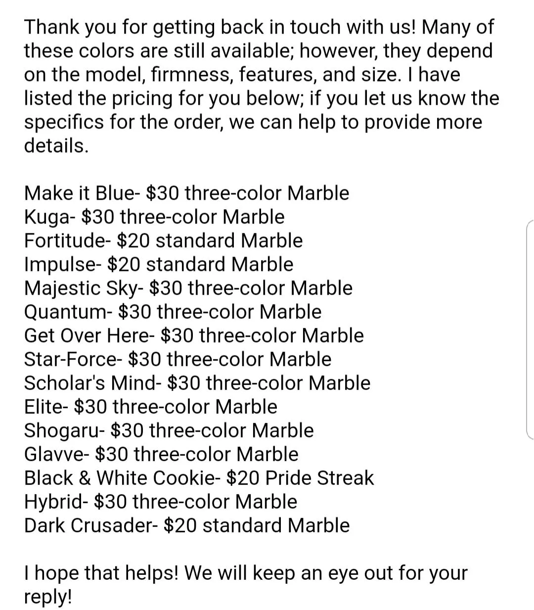 With customs likely dropping next Friday, got confirmation from CS this morning that these past colorations are still available and their prices! For all you newbies out there! posted by skrooker