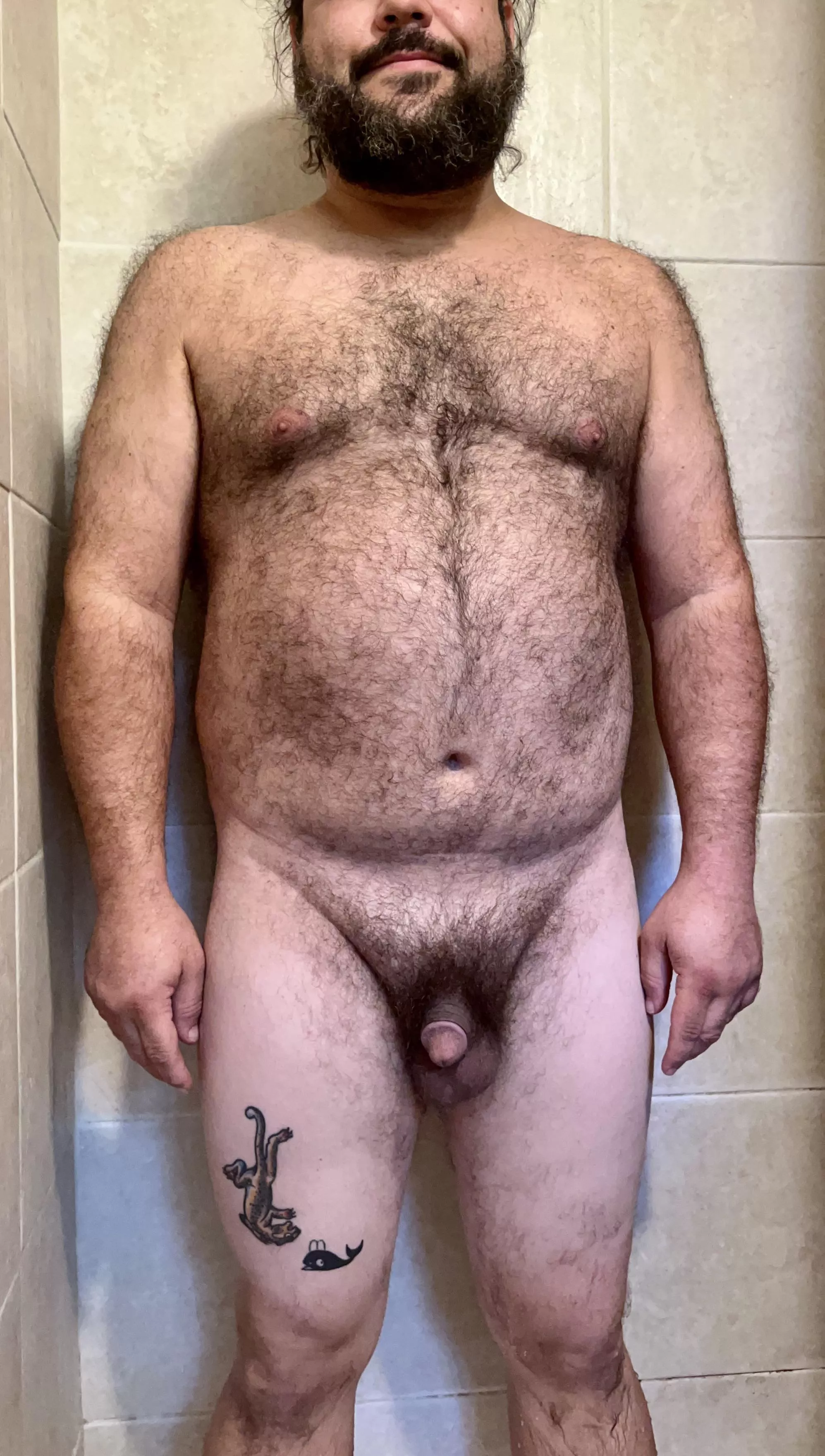 [41] M , 5’9, 230 lb. Taken me a long time to accept my hairy chubby bod. I wish to lose some weight, but other then that I’m happy with myself . Thoughts ? posted by BooKooBoo