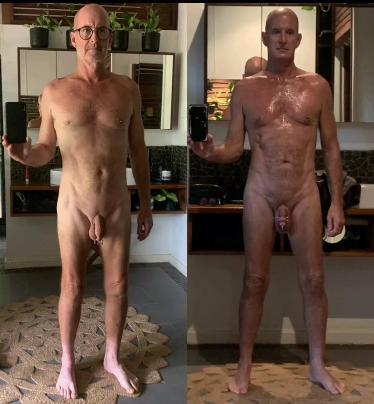 (60M, 172cm, 64kg) Left side shot more the “normal” looking me. Right side shot, just out of the shower…posing 😂 posted by Nudist-Yogi