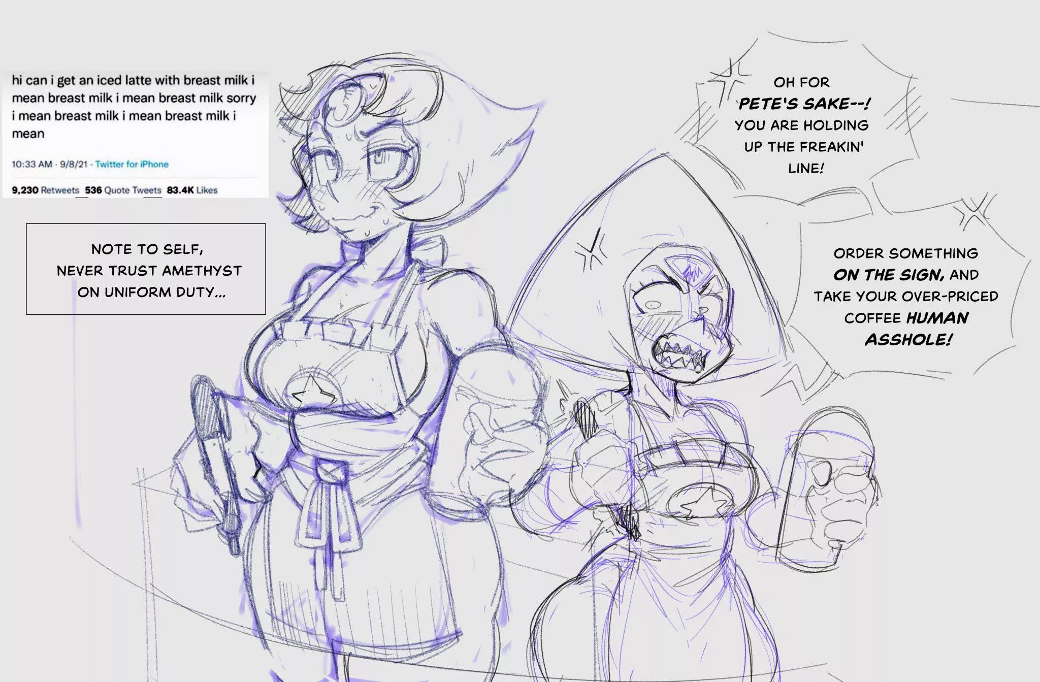 A Starbucks meme sketch featuring Pearl and Peridot (art by INK01_) posted by renegade_zibit