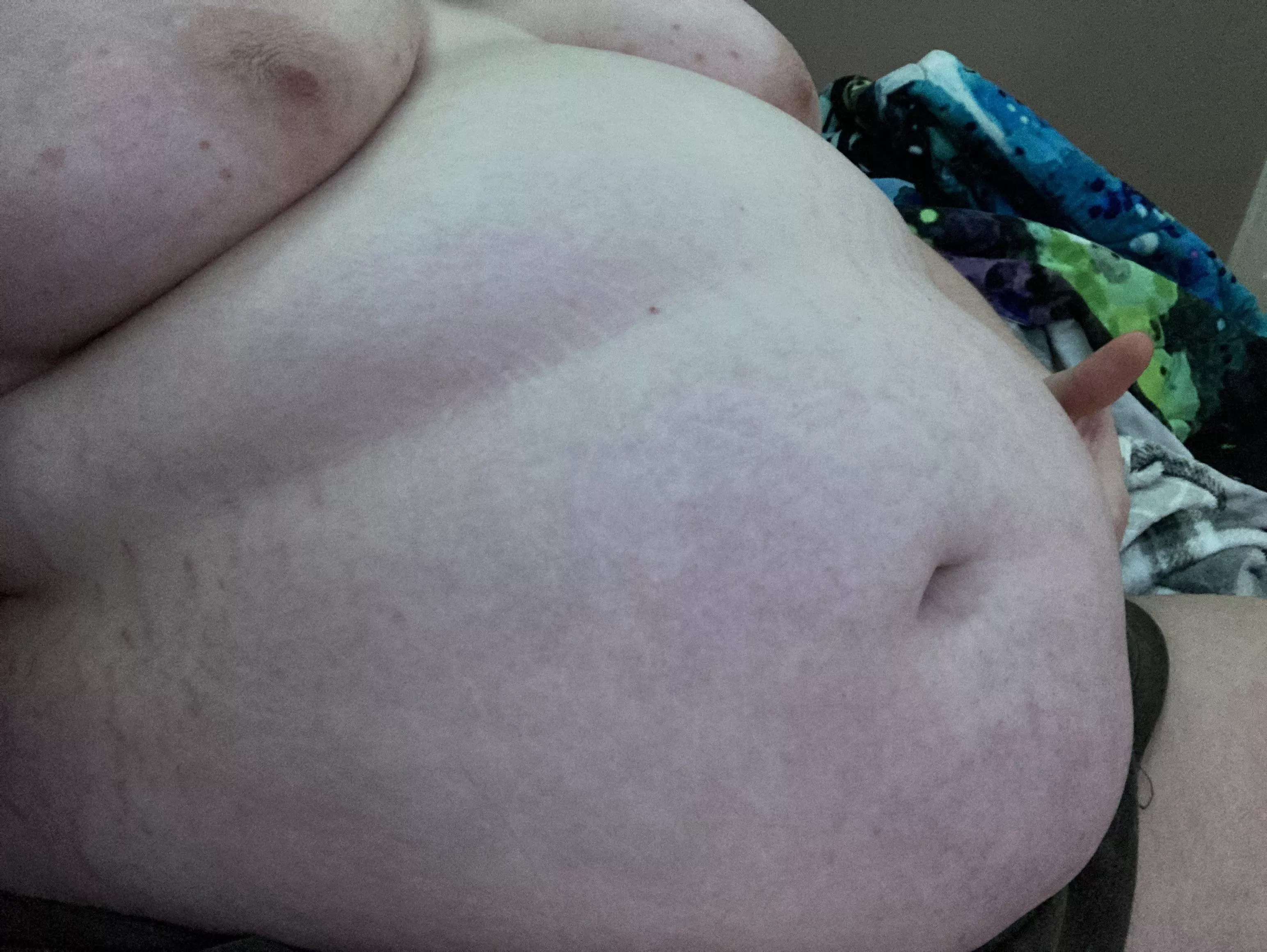 After I binged on a bunch of junk food ðŸ˜ do you like my bloated belly? posted by goddesskarma3