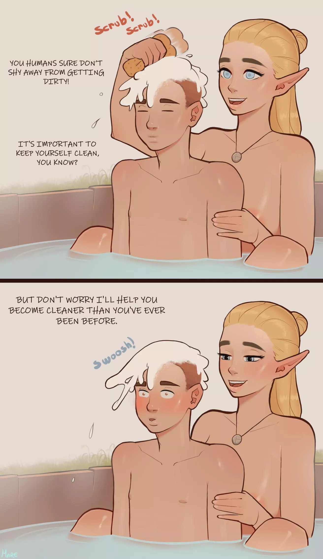 An elf woman bathing a human boy posted by elf_boi2