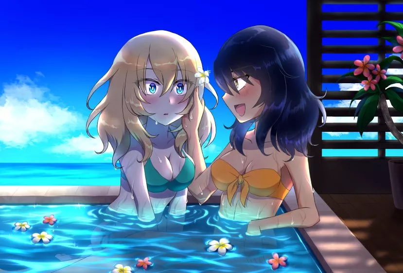 Andou and Oshida relaxing at a lovely resort. [Girls Und Panzer] posted by Badamon98