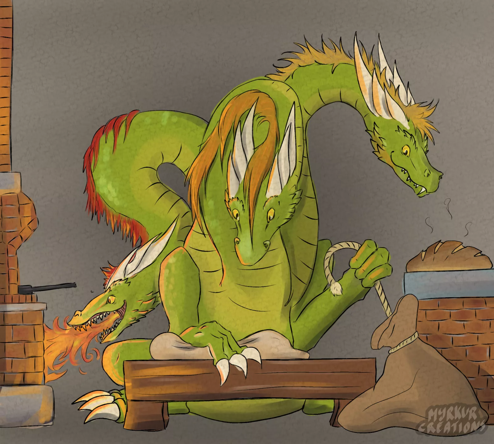 Another big dragon with a peaceful job, this time a hydra dragon baker! [art by me, idea by u/datfurryboi34 who commented on my last post] posted by MyrkurDragon