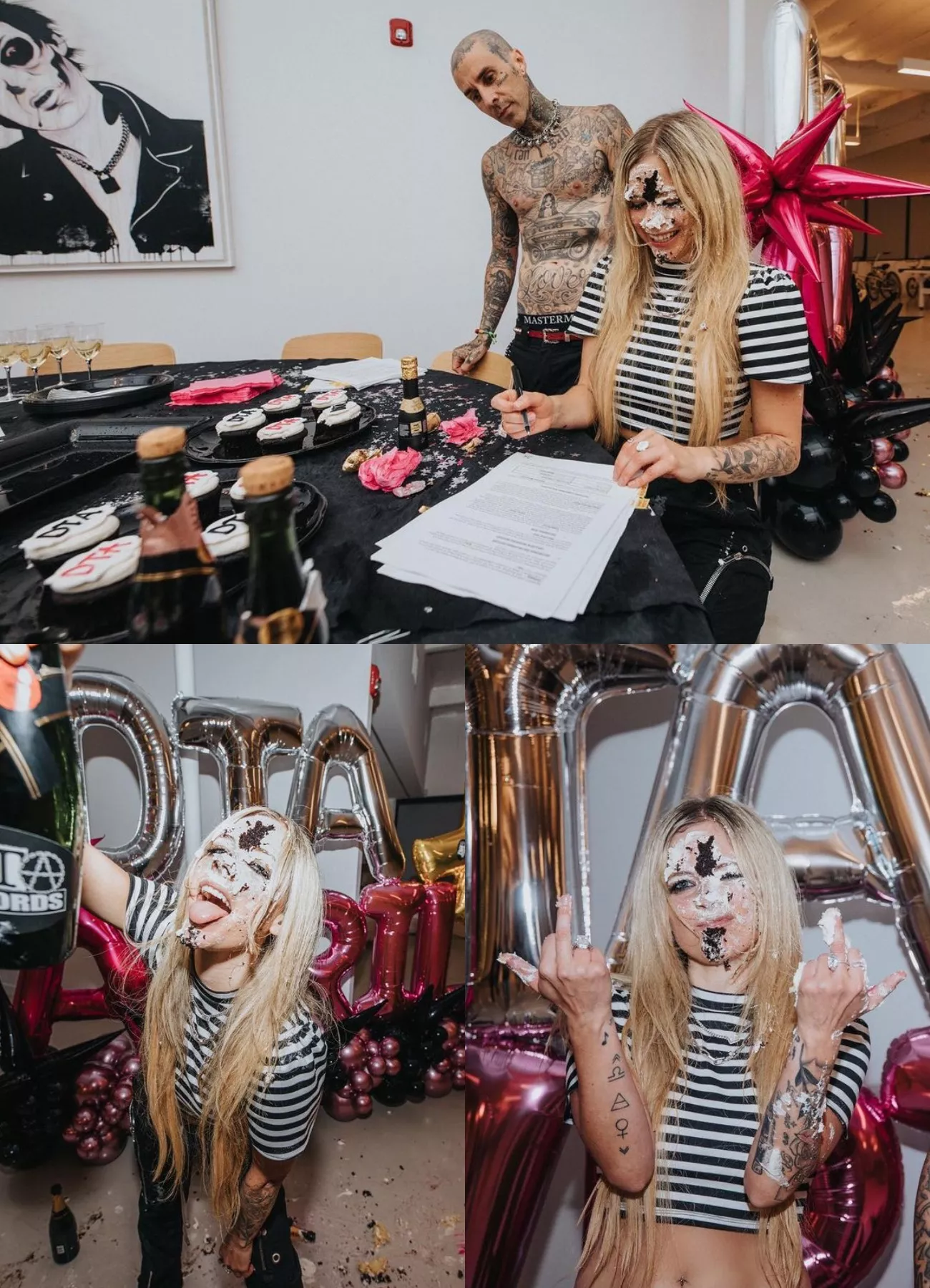 Avril Lavigne signing a contract with celebratory cake all over her face posted by _Anonymous_Account_