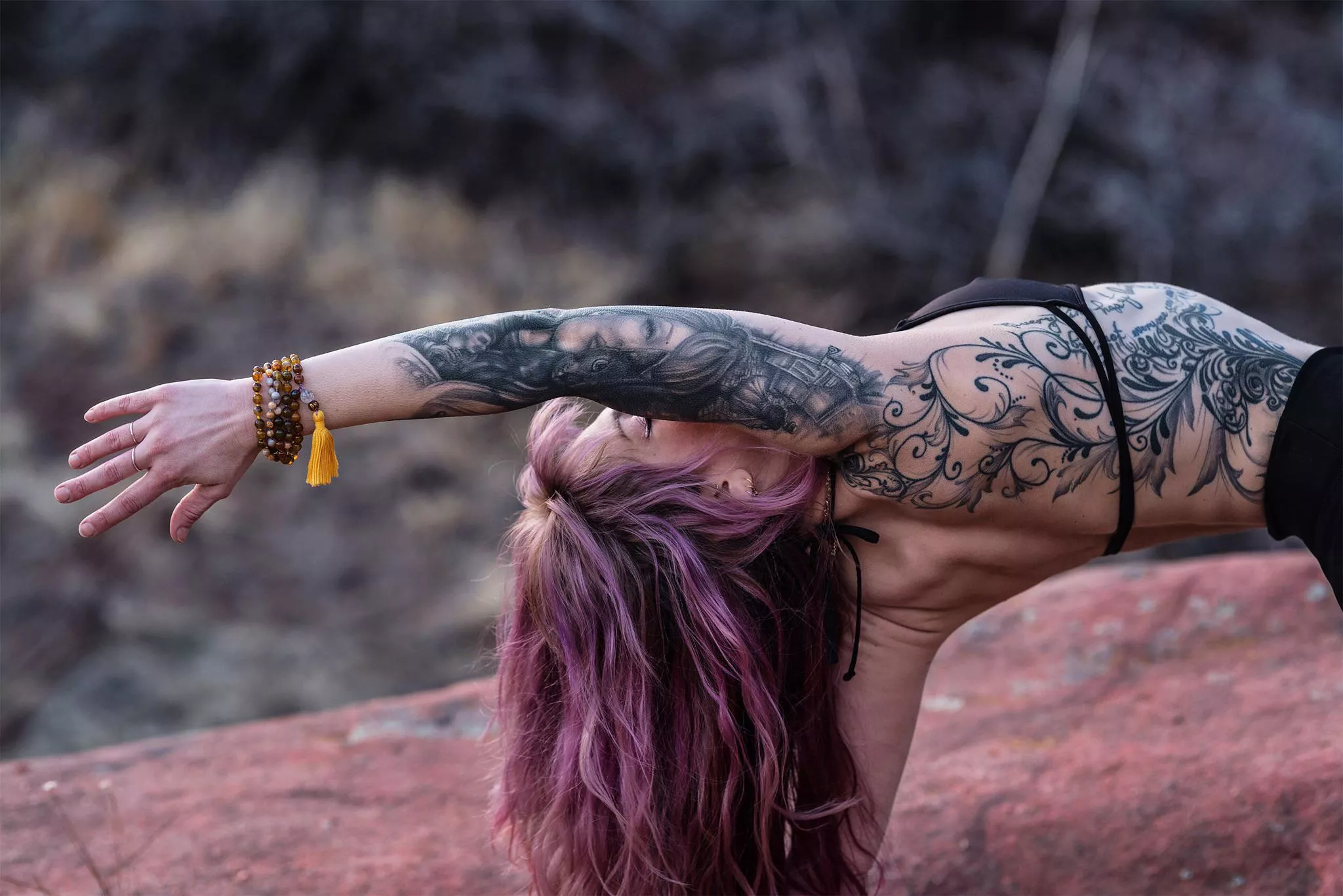 Beautiful tattooed alternative yoga girl with a heart opener. How about that purple hair? posted by YogaPhotographer