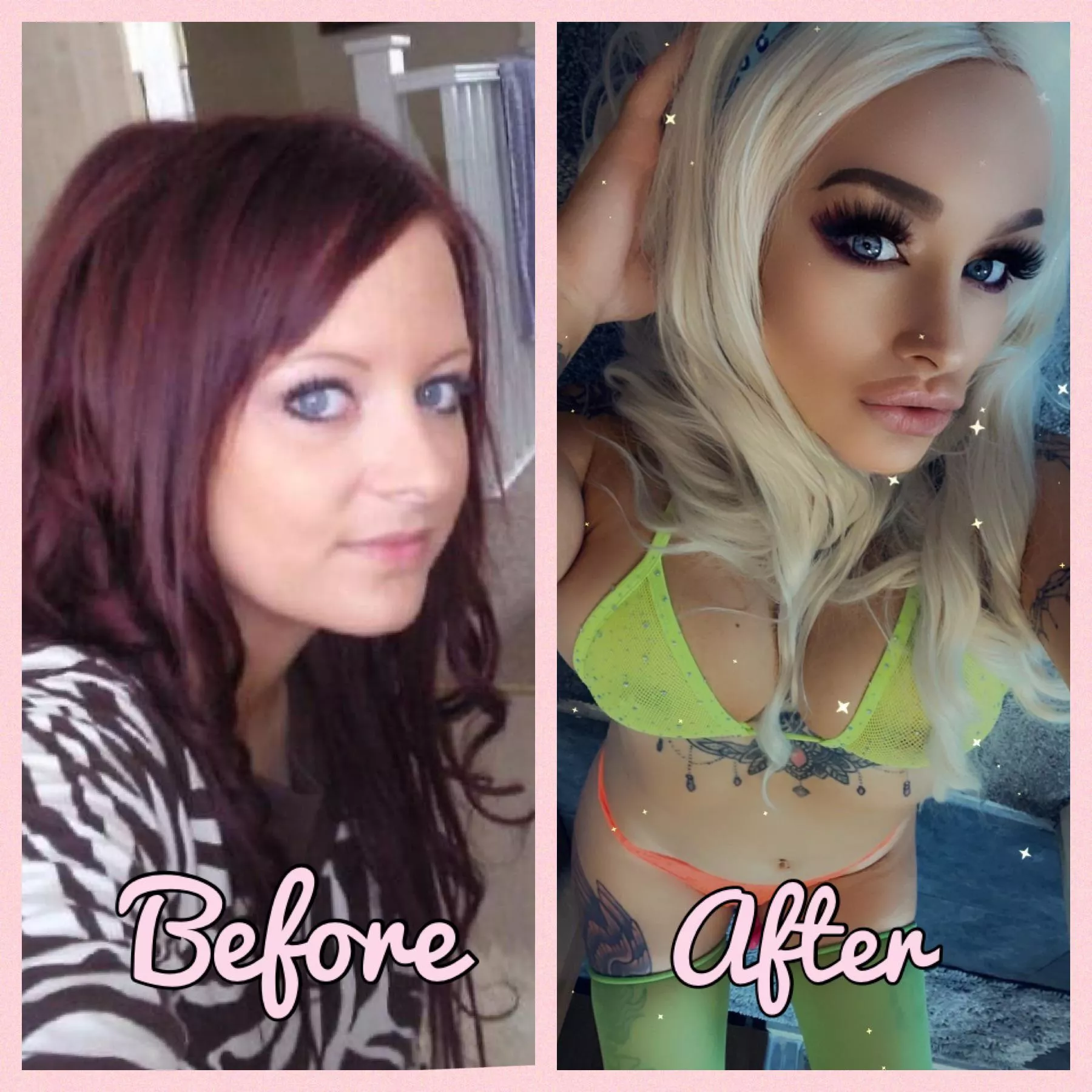 Before and after! Also getting my boobies a lot bigger soon 💙💙💙 just want to be some bimbo slut and please everyone xxxx posted by hot_wife_skyler