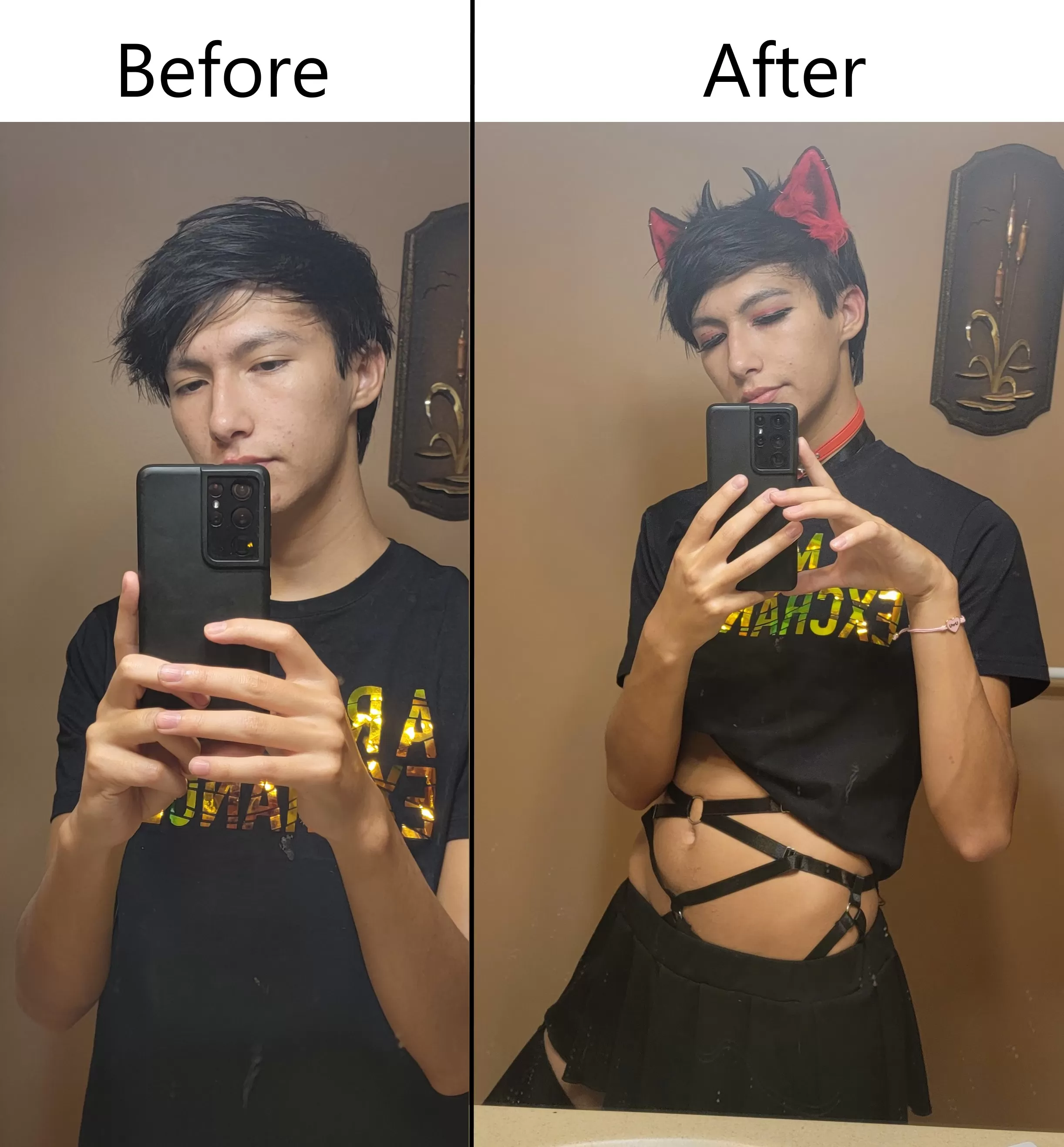 Before and after makeup and femboy clothes :3 posted by willzoneium