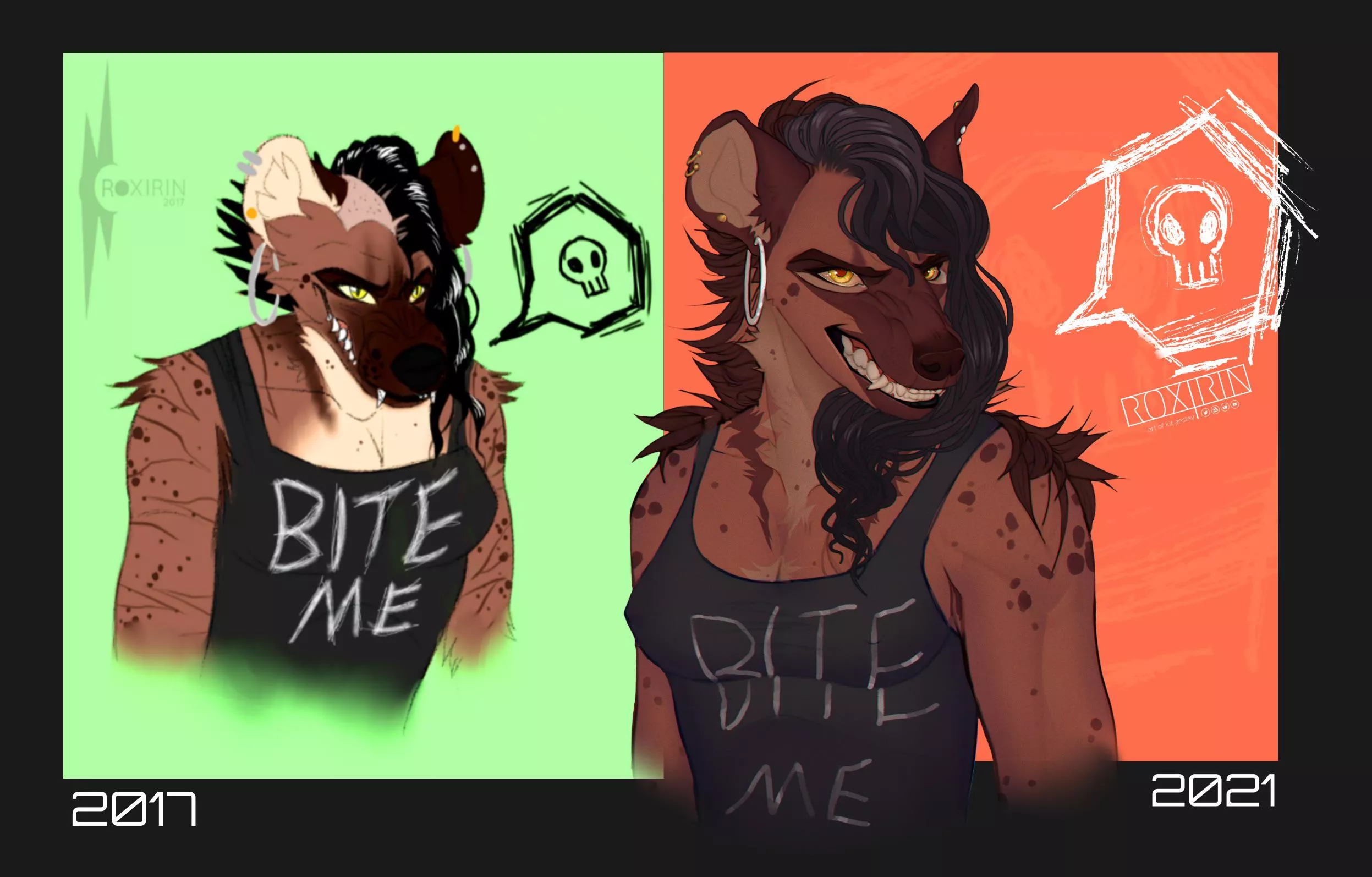 Bite Me - 2017 vs 2021 redraw! Never give up on your art; keep working at it and you'll see the difference! :) posted by Roxirin