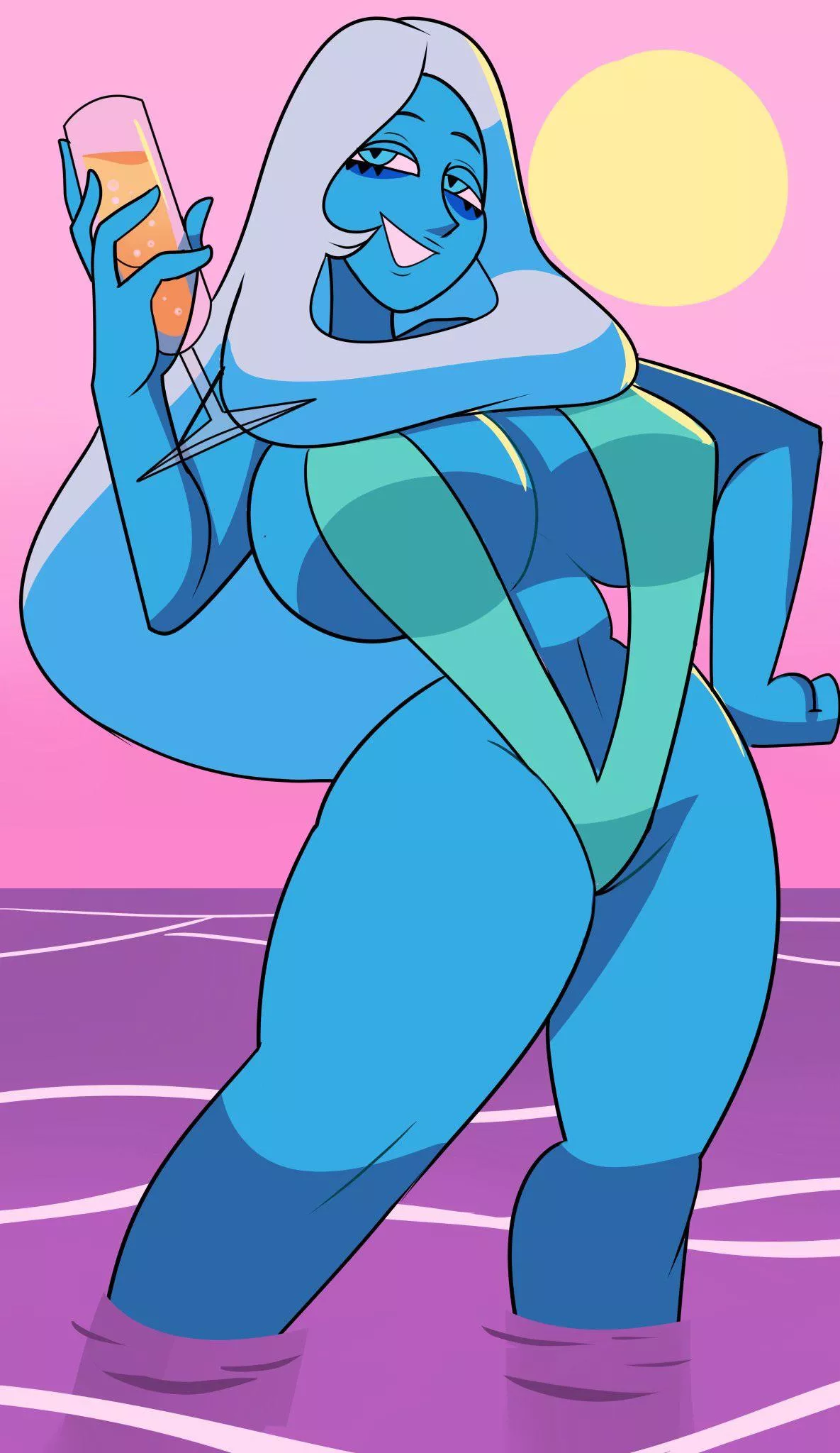 Blue Diamond, wearing a new swimsuit and having a drink in the ocean (art by SuperSpoe) posted by renegade_zibit