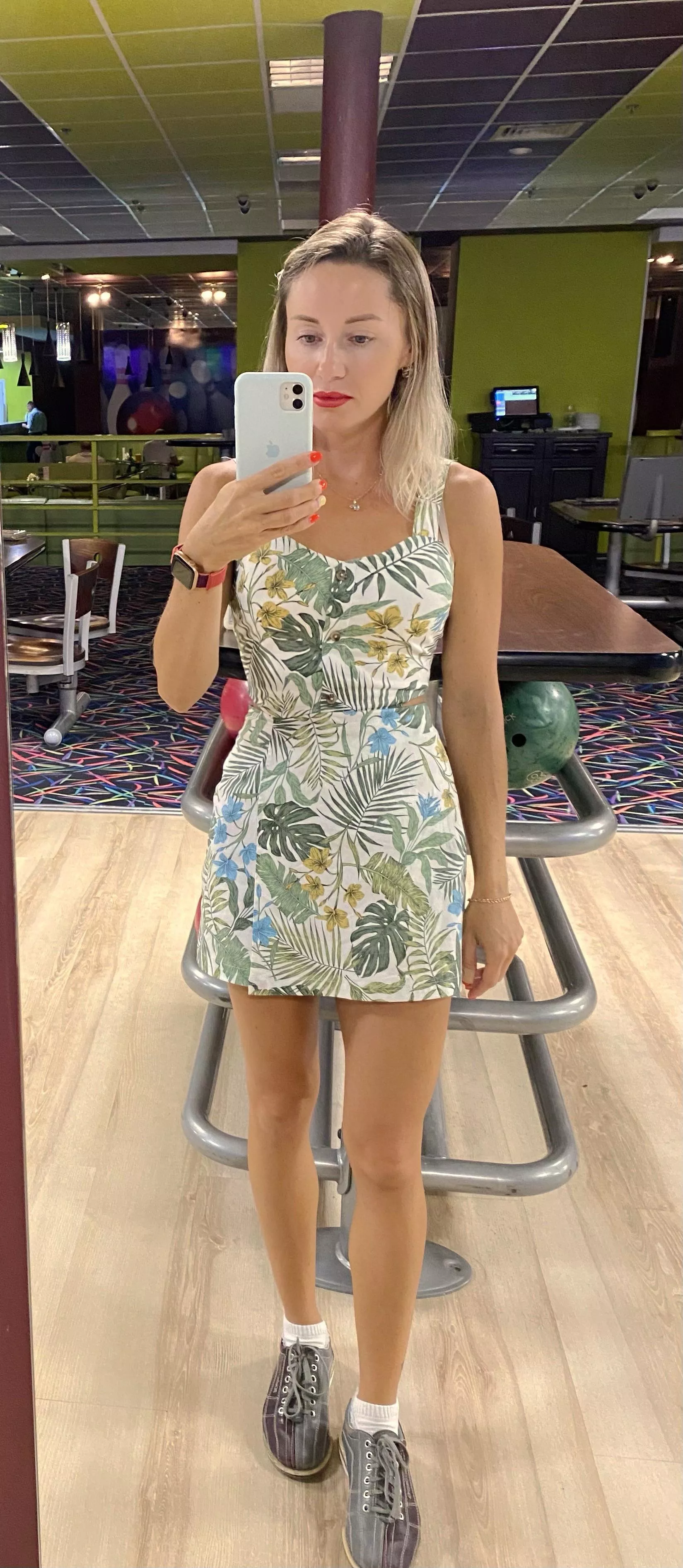 Bowling in tight summer dress 💚🤍💙 posted by Margo_pumusy