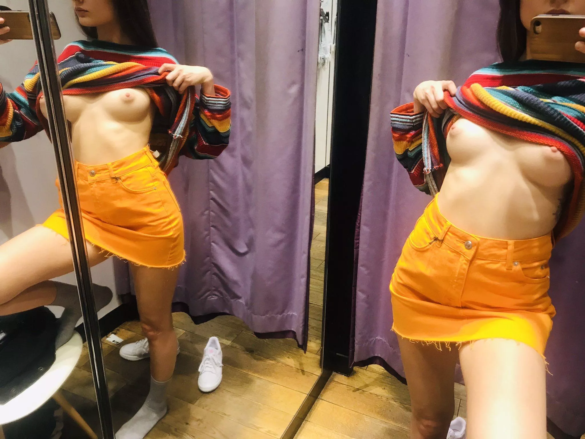 Bright Orange jean skirt posted by porncrazedpistol