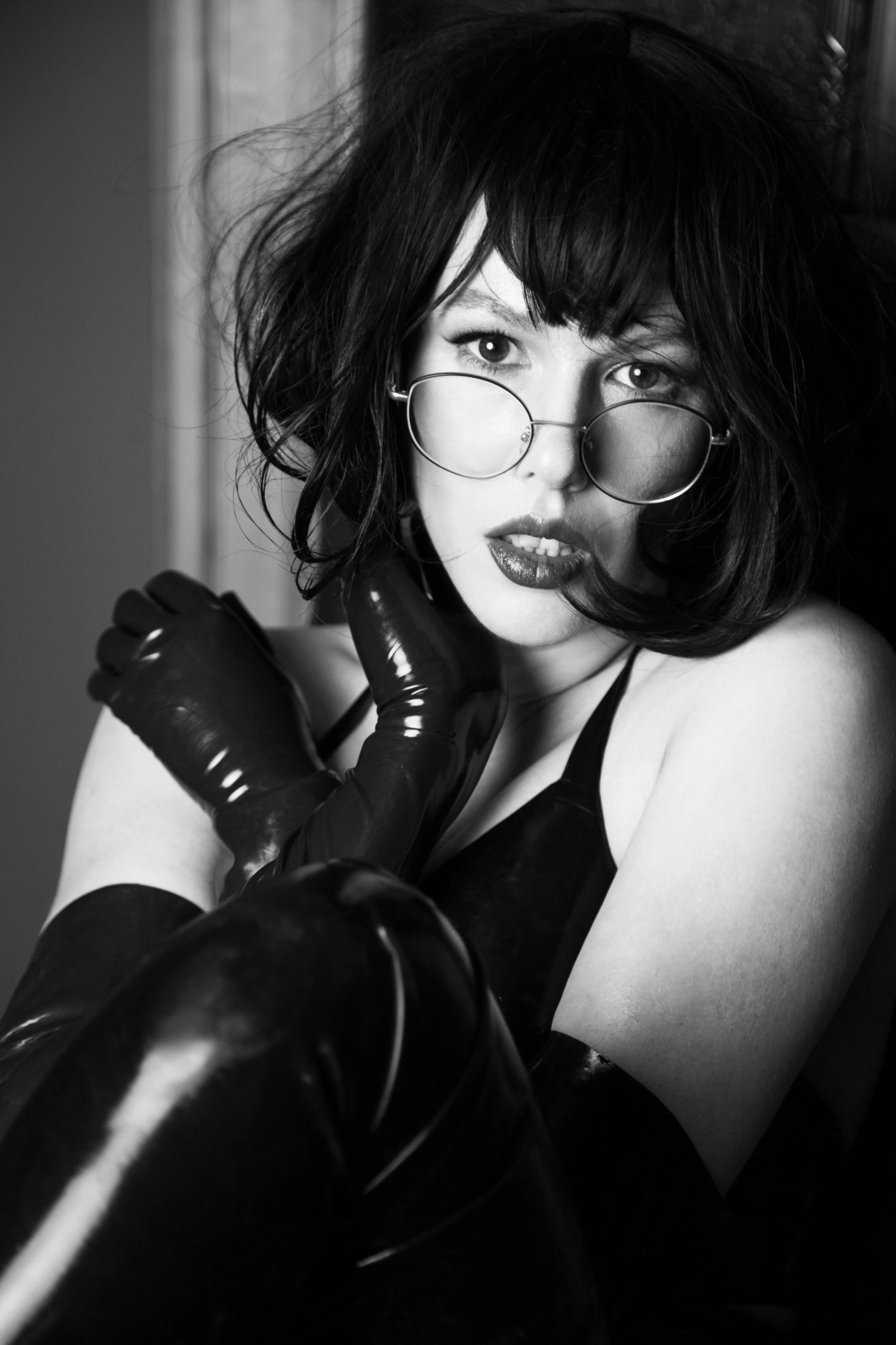 B&w portrait in latex [OC] posted by Niamh_Satie