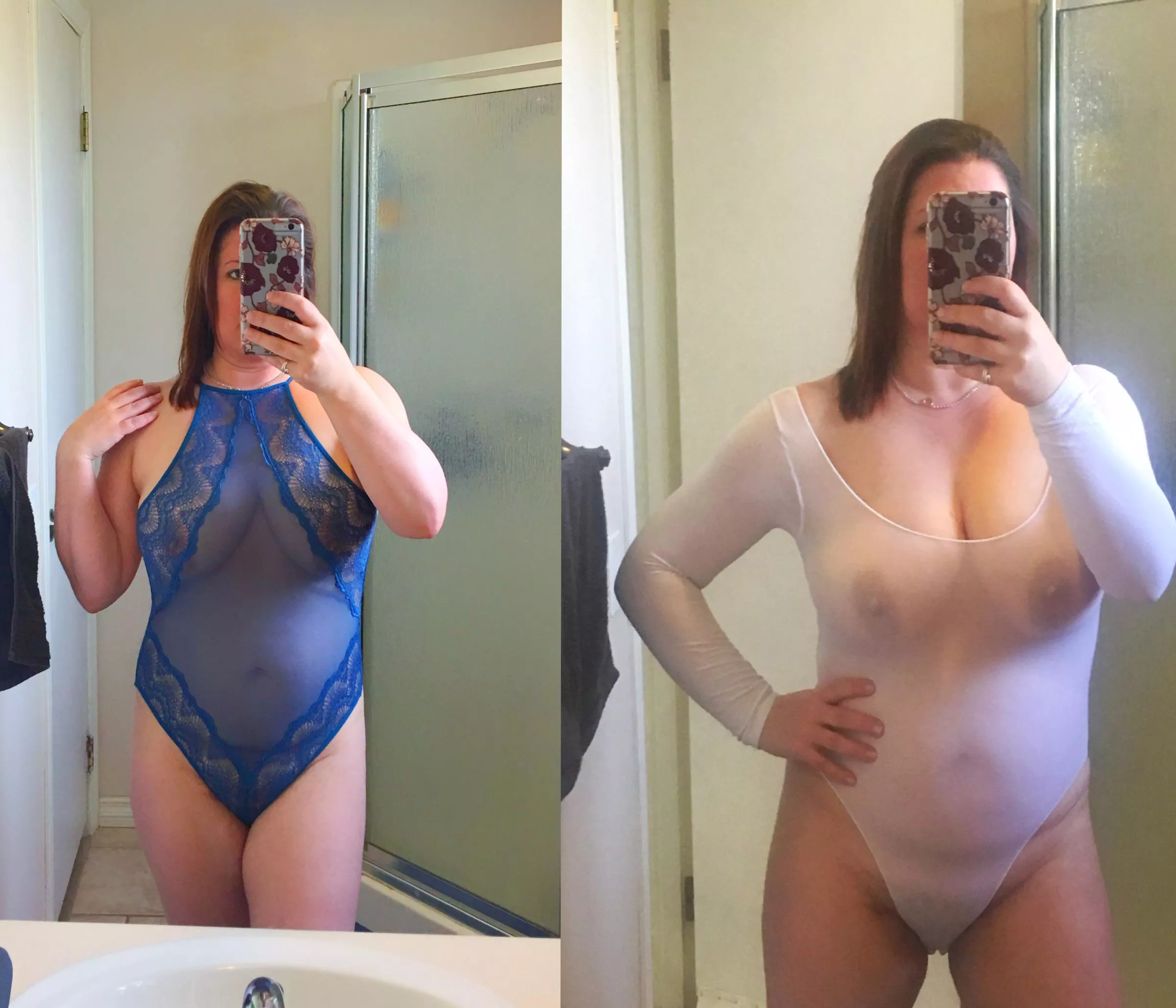 Can’t decide. Blue or white or perhaps wet look? [F] 44 y/o posted by WifeLuvsPosing