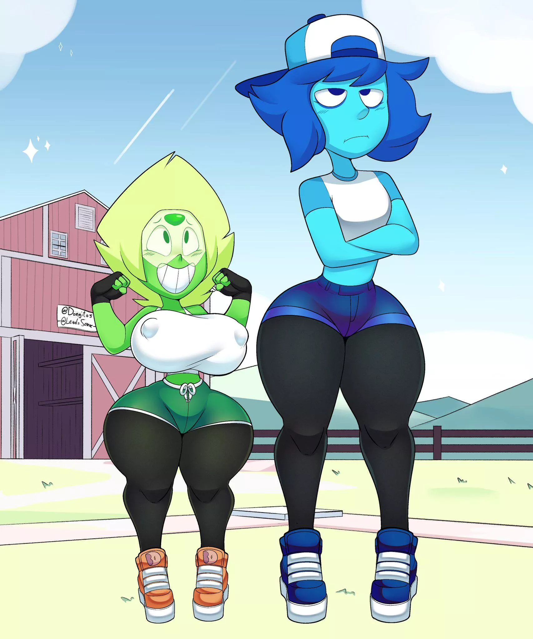 Cartoonishly thicc Baseball Lapis (Bob) and Peridot (Art by dongitos, background by LewdsSonk) posted by renegade_zibit