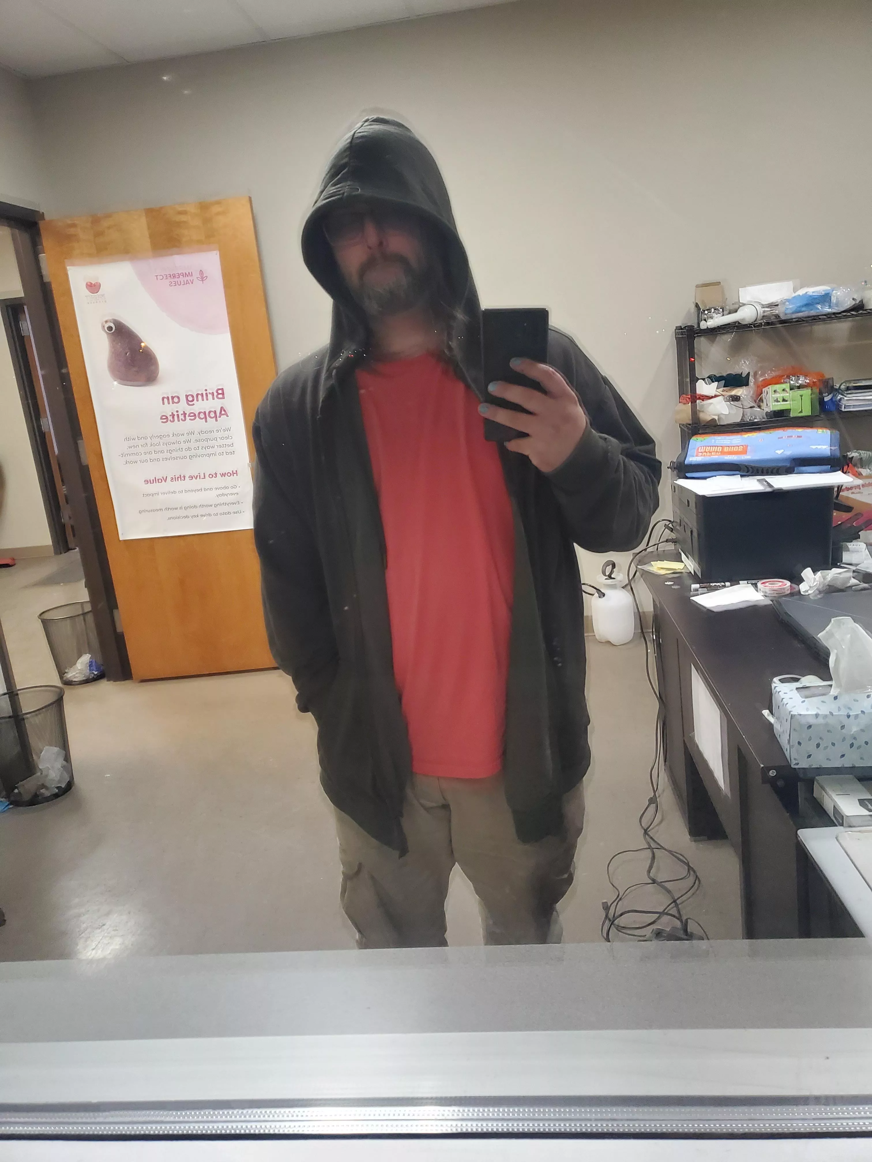 Caught a look of how odd I look wandering around my office. posted by Ok_Rip4848