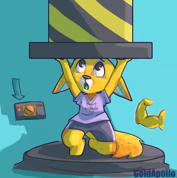 Caught Apollo playing with a hydraulic press (dont worry the power is OFF) its an odd scene i know but i couldnt think of anything else for inktober: pressure!! 💪💪 💛(Art by me) posted by GoldApolloArt