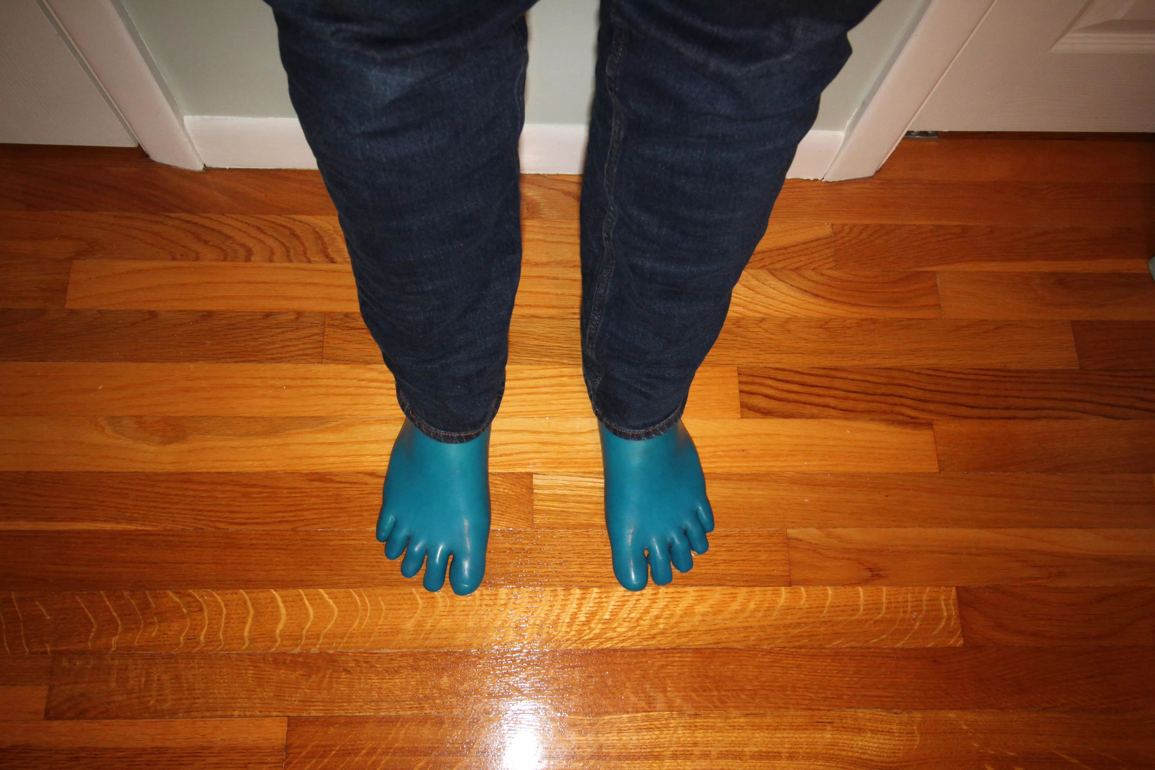 Cerulean blue latex toe socks under jeans posted by MutexLatex