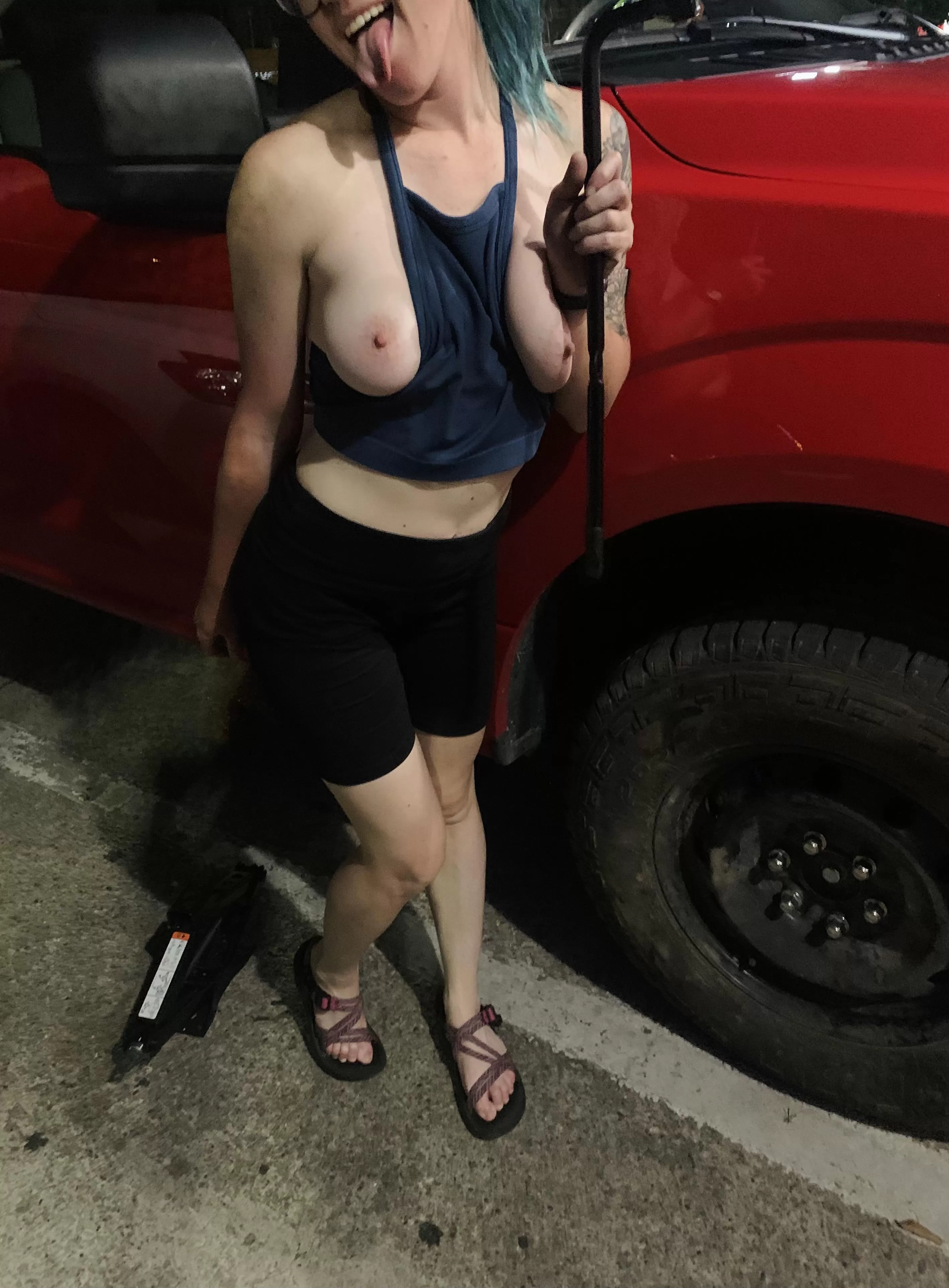 Changed the flat on my truck in the middle of the night by myself so naturally I had to get a pic for Reddit! posted by boobflips