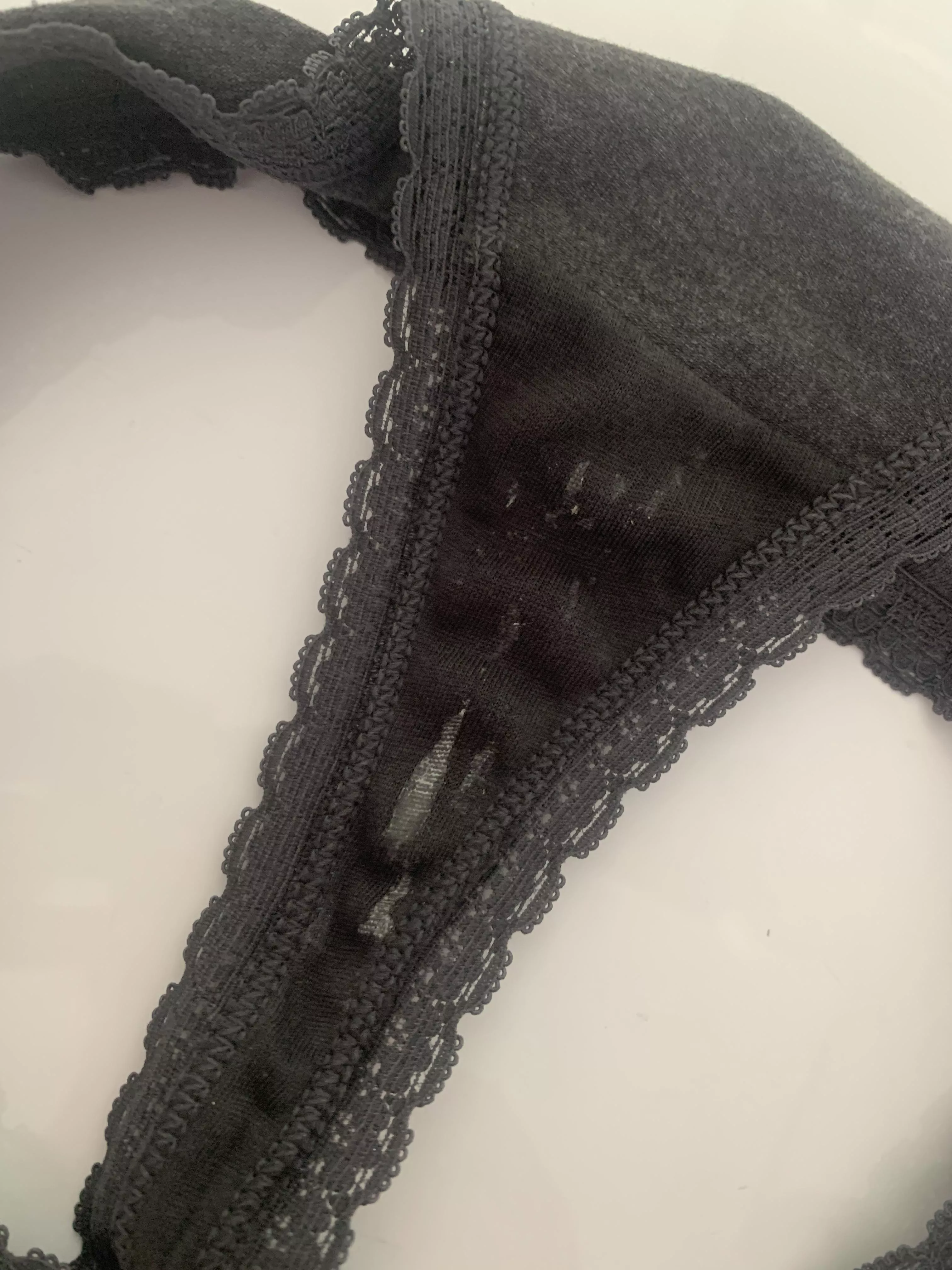 Charcoal cotton thong with lace trim Worn for 24 hours and ready to wear for 24 more ! 😘 posted by naughtyandsweet143