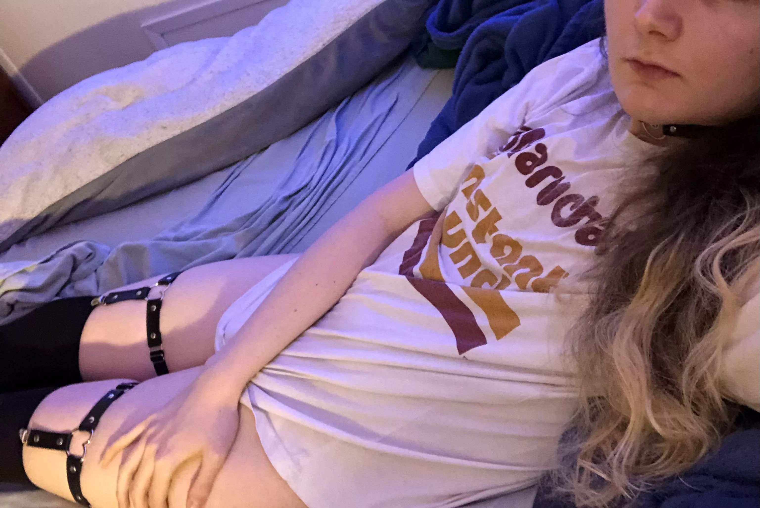 chilling in my bed wearing a big t-shirt and my new fav socks 🥰 posted by gwyndolin_loves_u