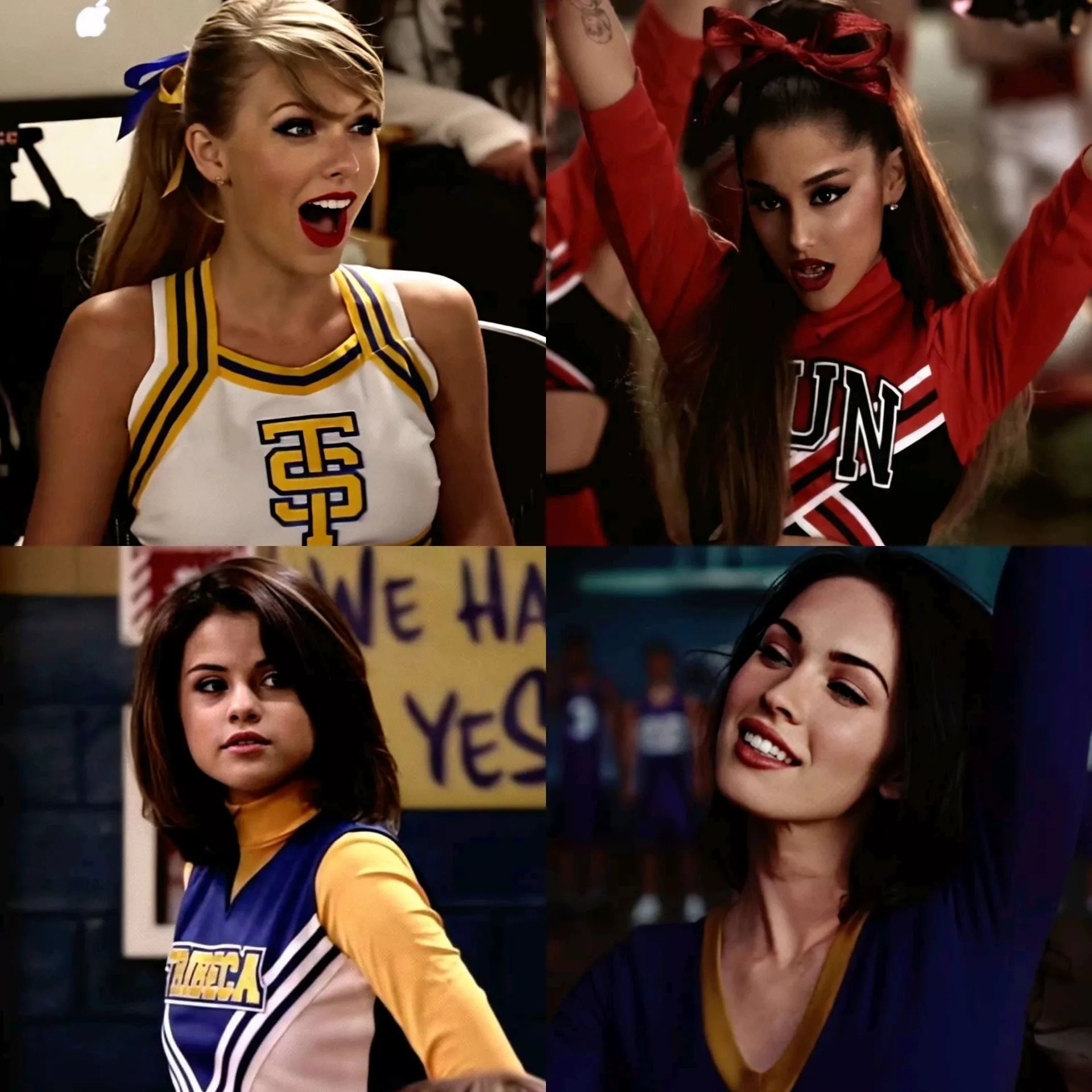 Choose your sleepover cheerleader partner.Taylor Swift or Ariana Grande or Selena Gomez or Megan Fox? posted by comeonashcomeonash