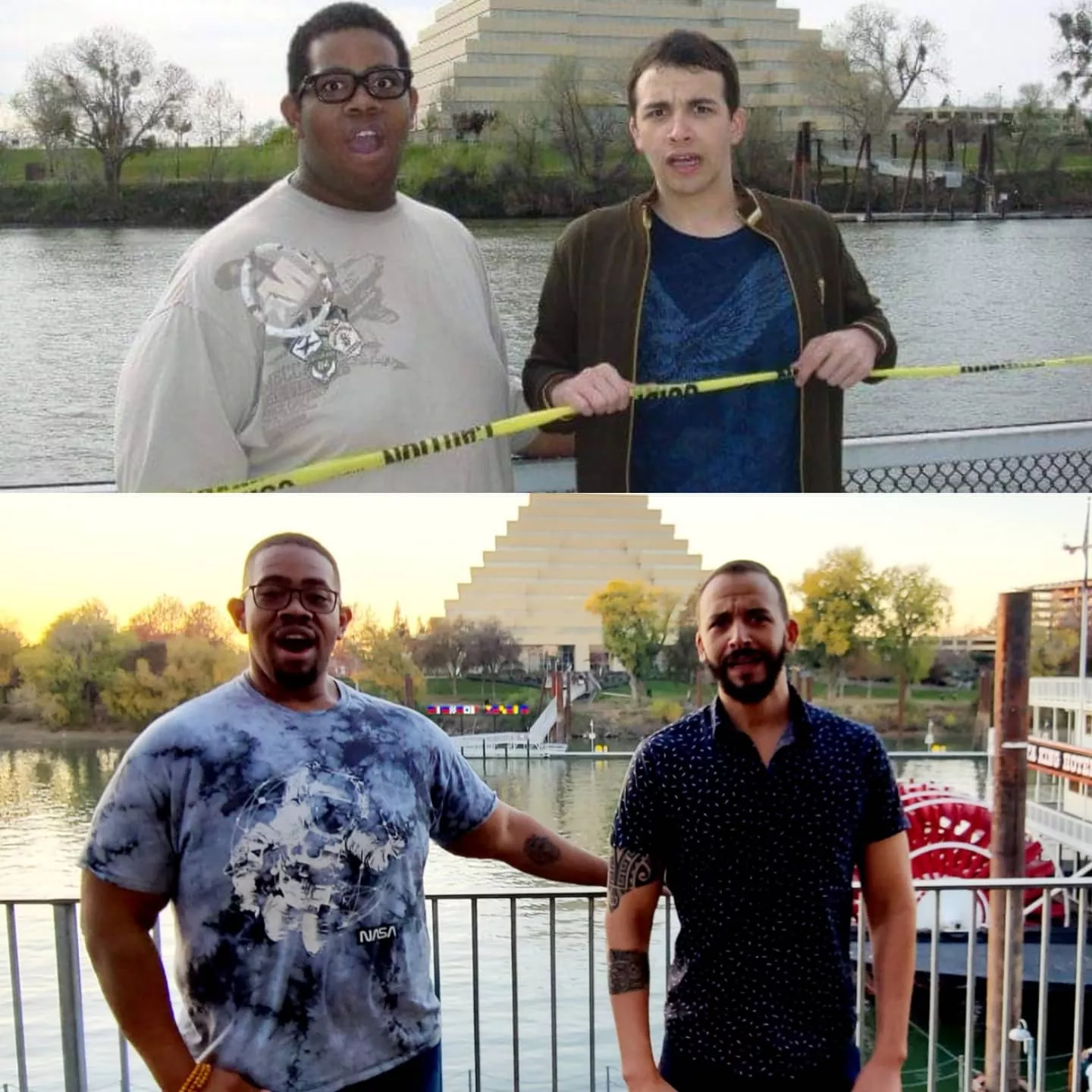 Couple of gay bros celebrating a 10 year glow up with a photo recreation! 😌👀🪄 posted by localnative1987