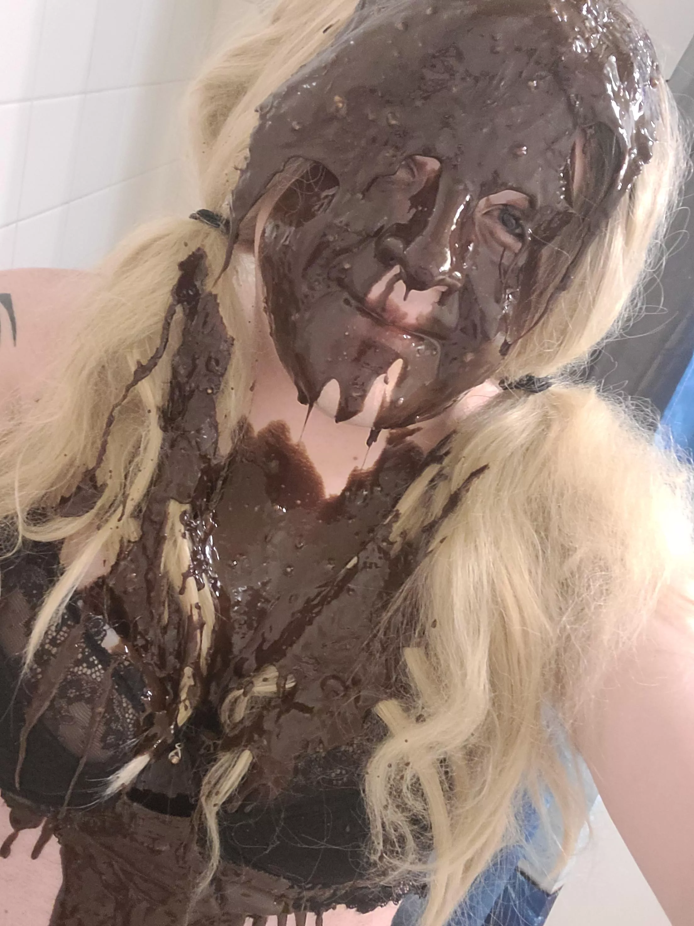 Covered in chocolate sauce.. what's a girl to do? posted by HappilyeverAmber91