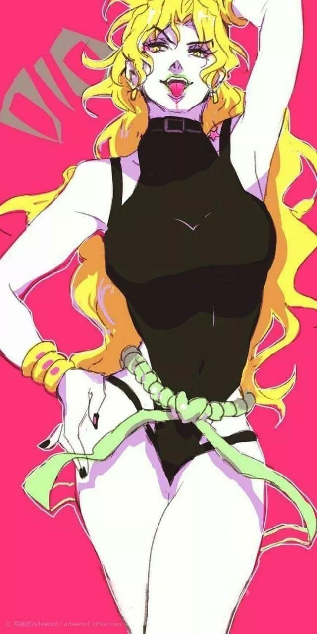 Dio with her armpits, arm up, big breasts, black leotard, bracelets, choker, green lips, yellow eyes and yellow hair posted by NORlAKlKAKYOlN